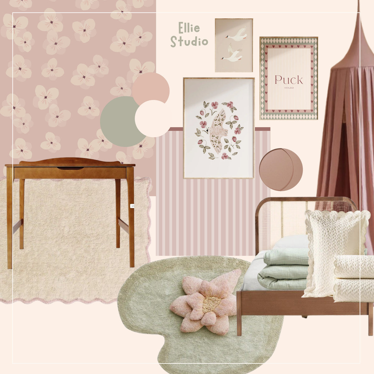 Meisjeskamer inspiratie: Soft Bloom behang met oudroze strepen en saliegroene details