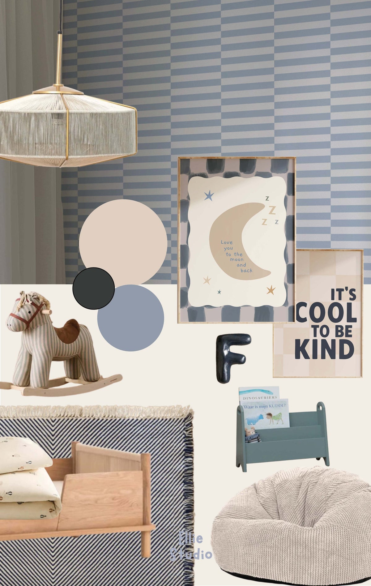 Kinderkamer inspiratie: Tijdloze jongenskamer met denimblauw behang en speelse posters