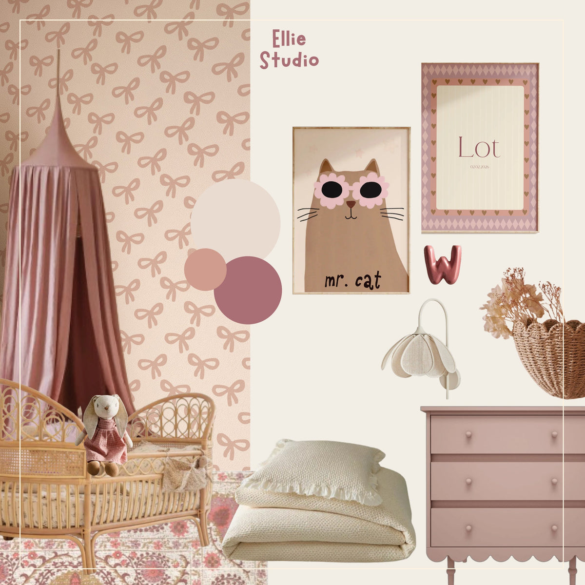 Kinderkamerinspiratie: Strikjesbehang met beige kattenposter en naamposter