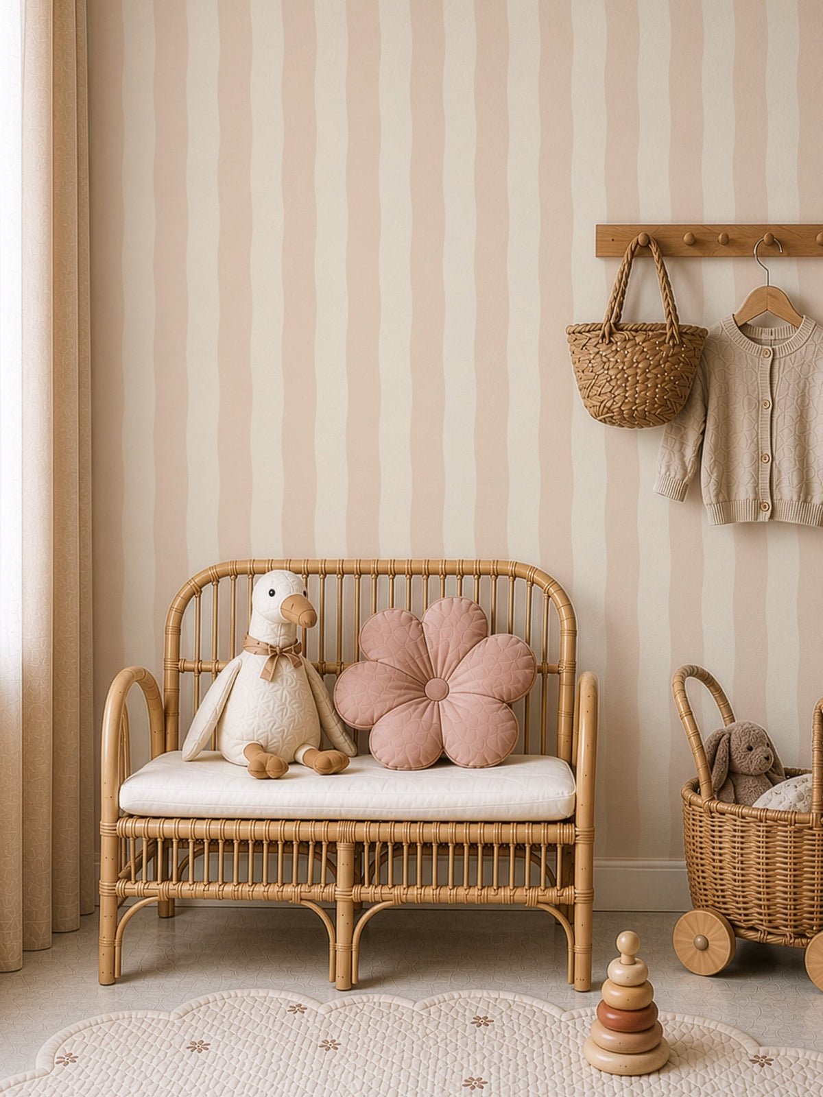 Speelhoek met rotan bankje en Wavy Stripes latte behang