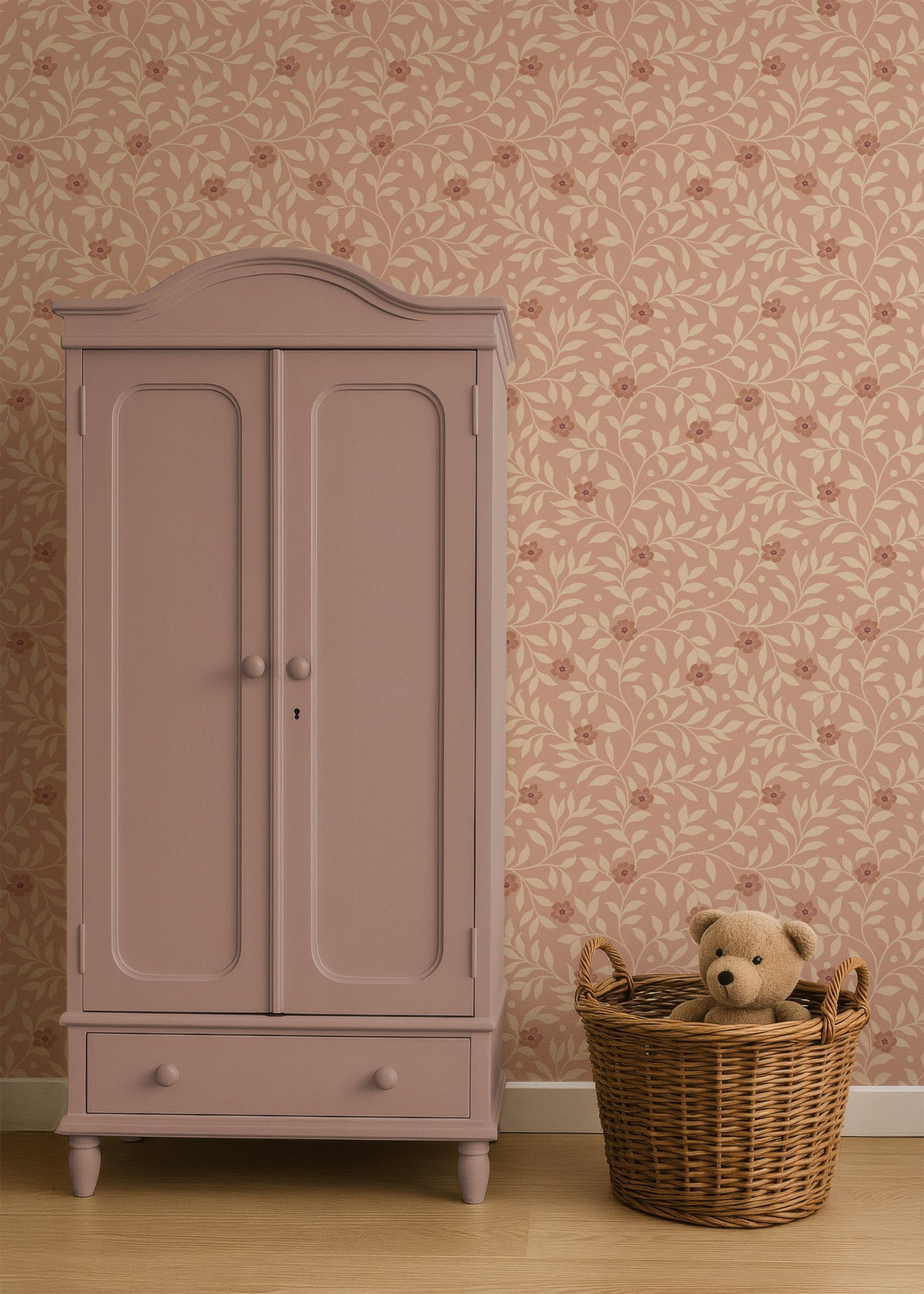 Roze kast en geweven mand voor Tiny Blossom blush bloemenbehang