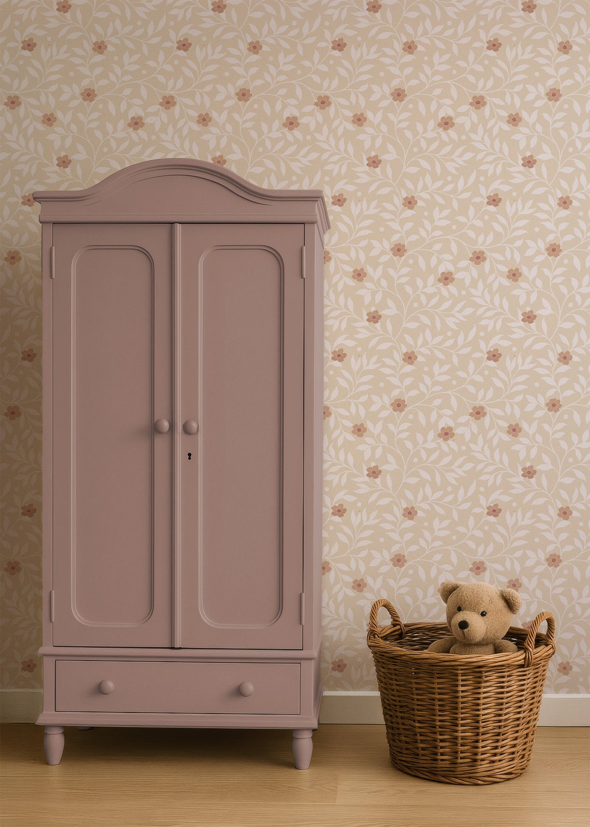 Geschilderde kast en mand met knuffels voor Tiny Blossom abricot behang