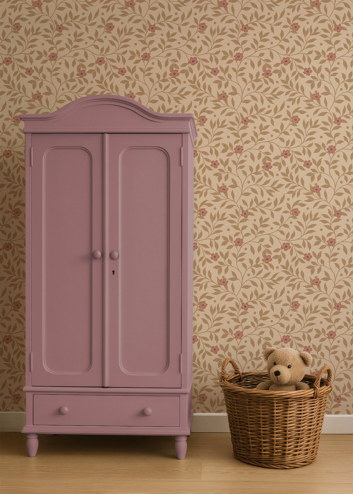 Oudroze kast en speelgoedmand voor Tiny Blossom sandy bloemenbehang
