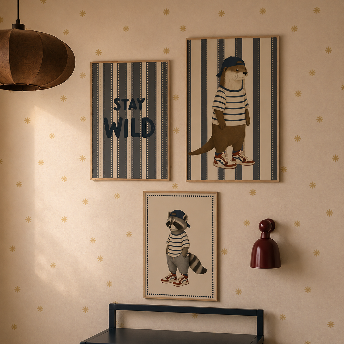 Kinderkamer met sportposters en Tiny Stars honey beige sterrenbehang