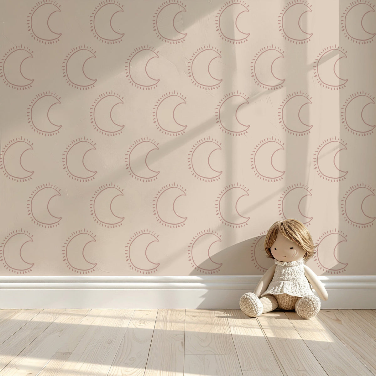 Meisjeskamer met Moon dawn behang en een zachte knuffelpop
