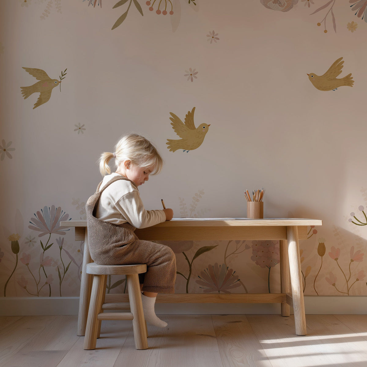 Kind aan een houten bureau voor Garden Lullaby collagebehang met vogels en bloemen