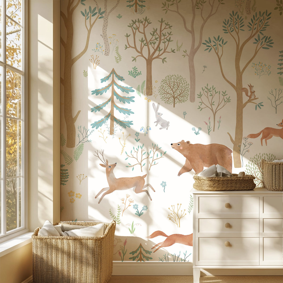 Lichte commode voor Dieren in het bos collagebehang