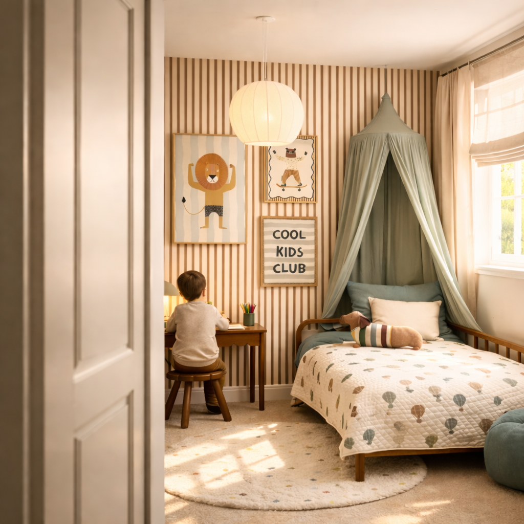 Jongenskamer met Stripes behang in chocolate, houten meubels, bureauhoekje en speelse kinderkamerposters in warme tinten.