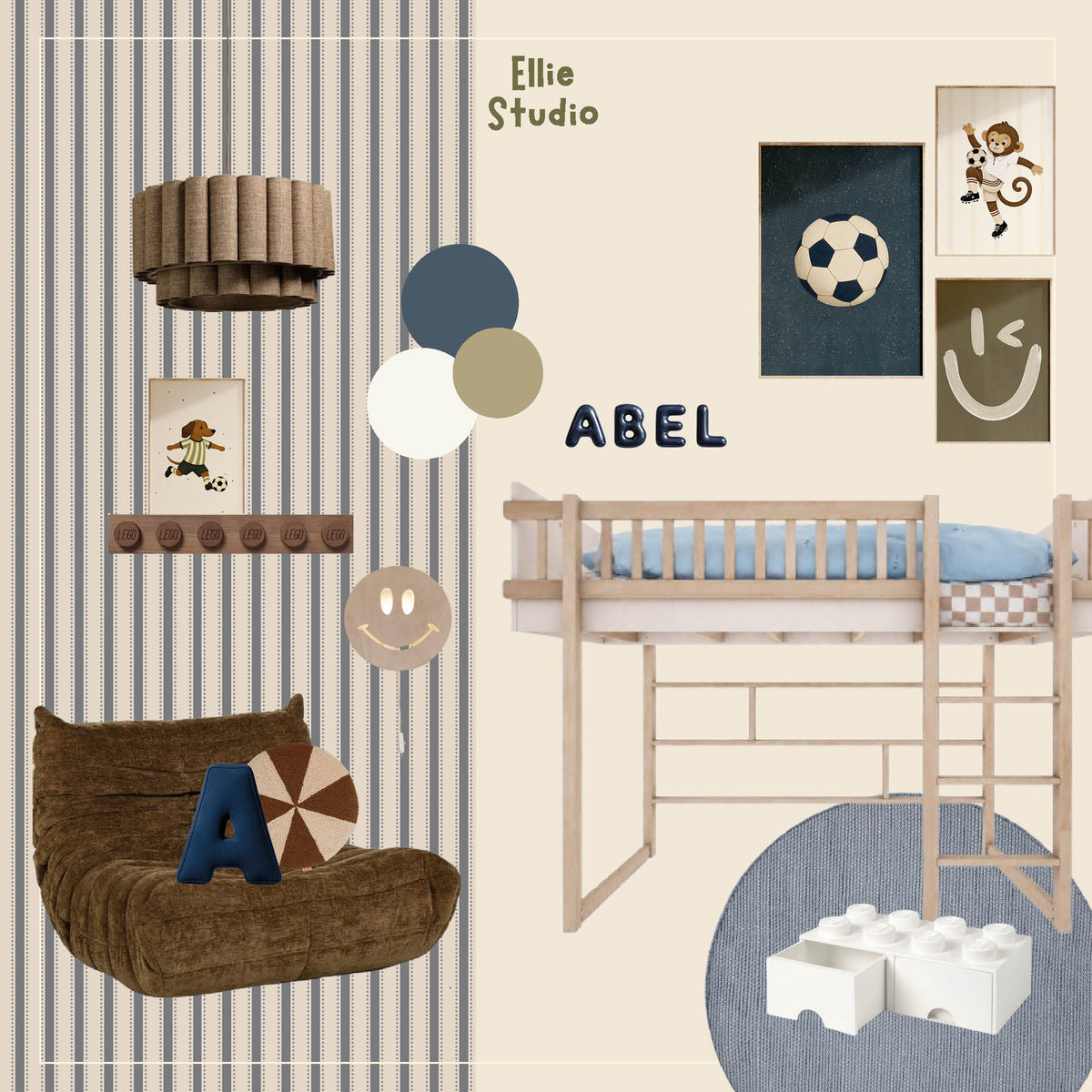 Moodboard jongenskamer met Dotted Stripes dusty blue behang en voetbalposters