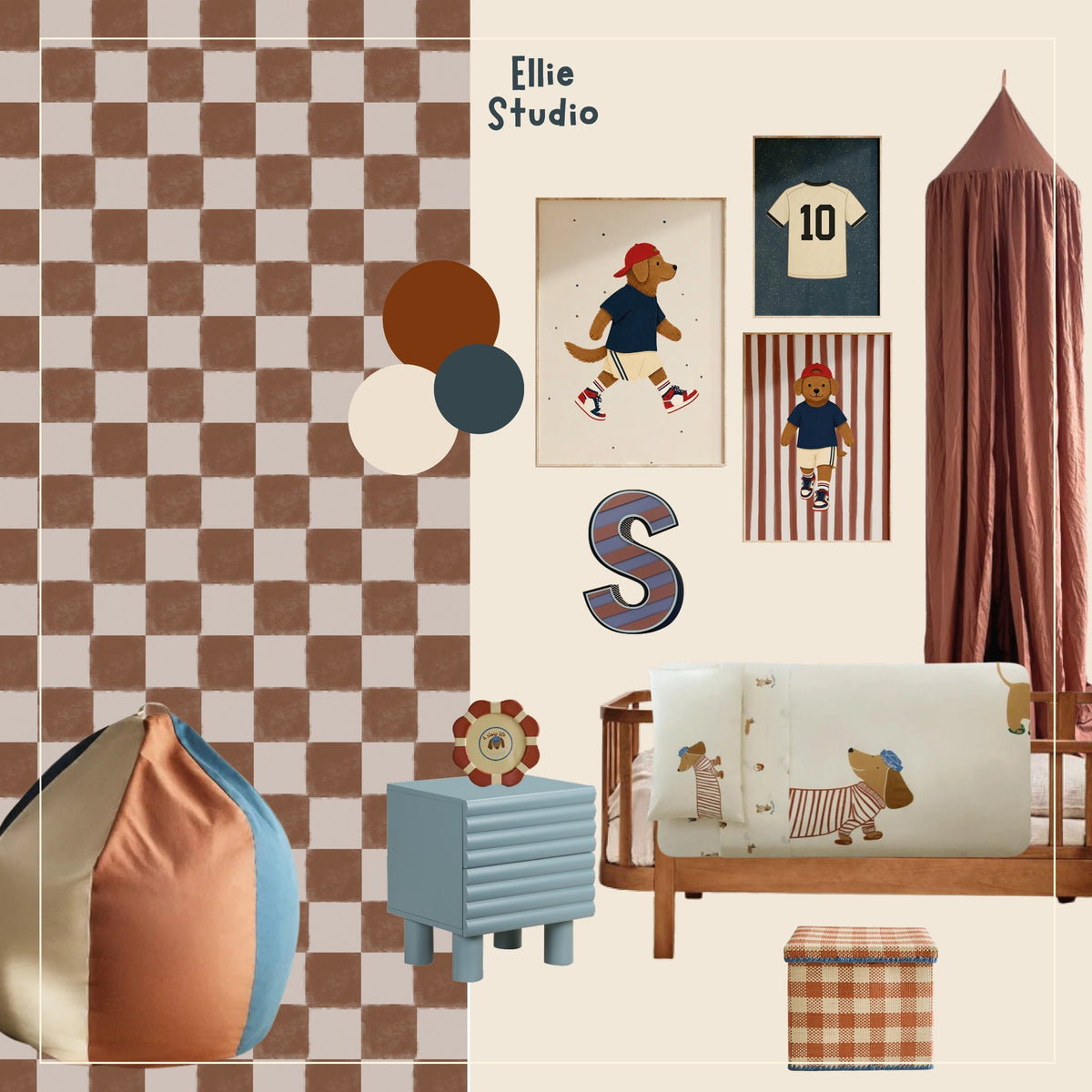 Moodboard jongenskamer met Ruitje Ruitje chocolade behang en sportposters
