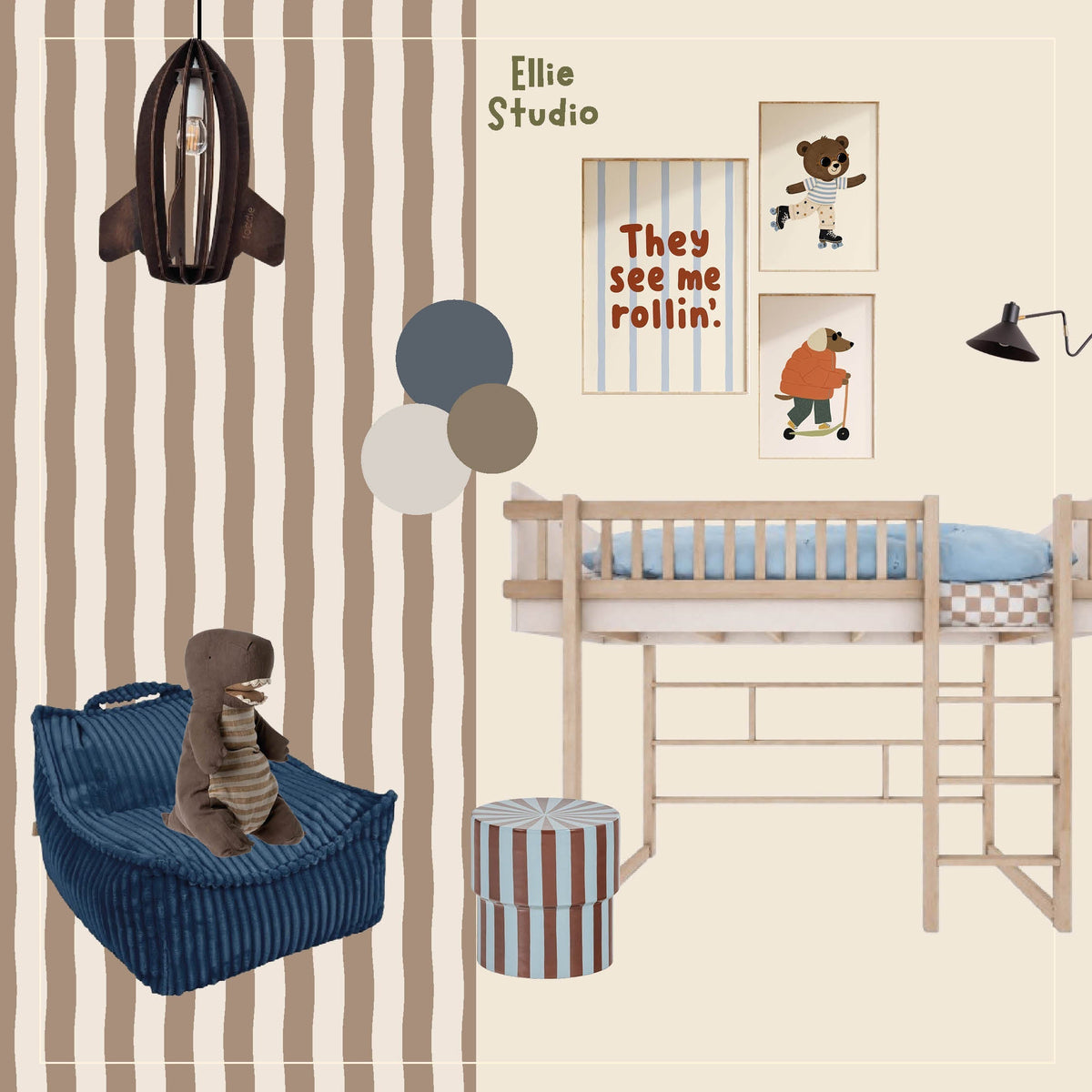 Moodboard jongenskamer met Wavy Stripes mocca en speelse dierenposters