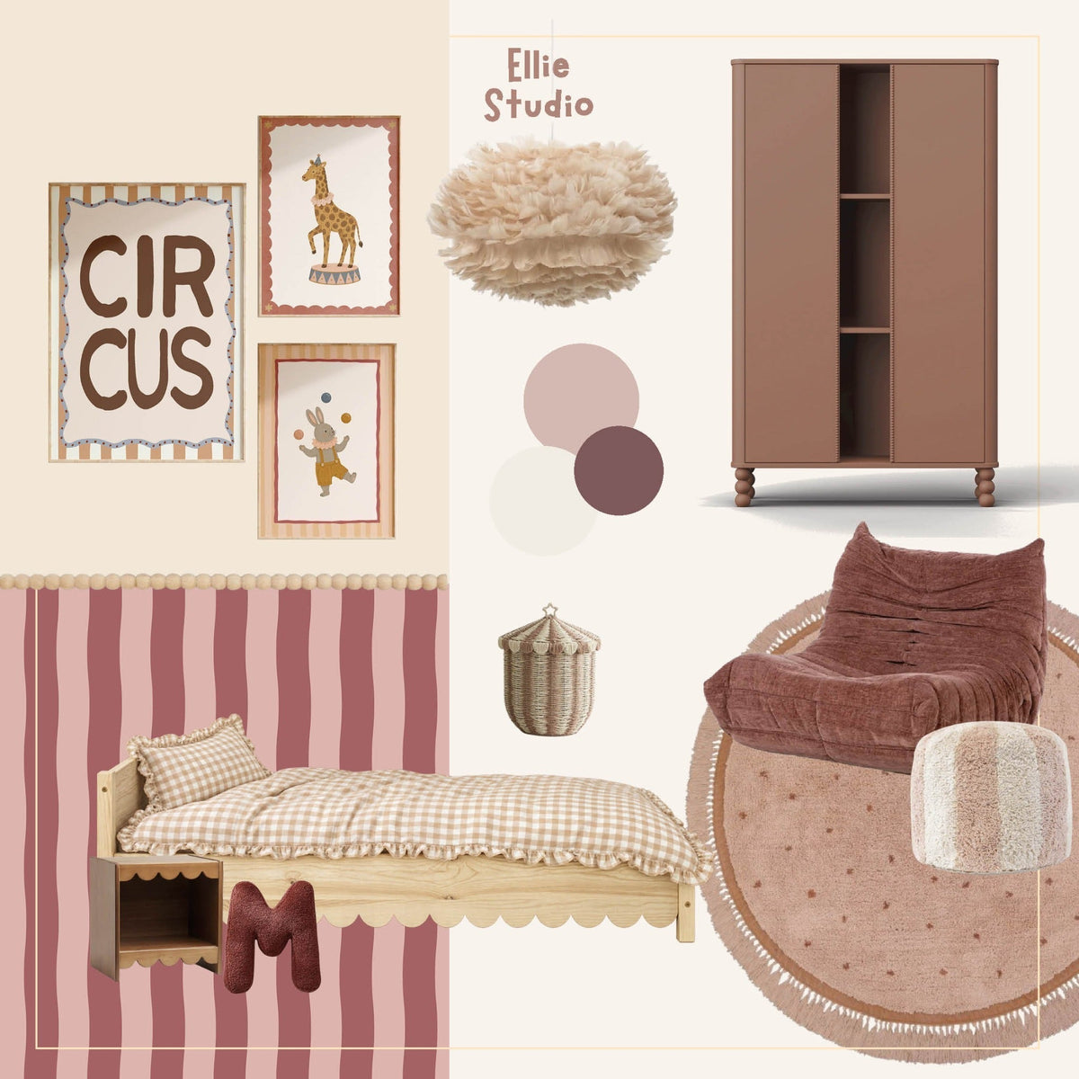 Moodboard meisjeskamer met Wavy Stripes rosewood en circusposters