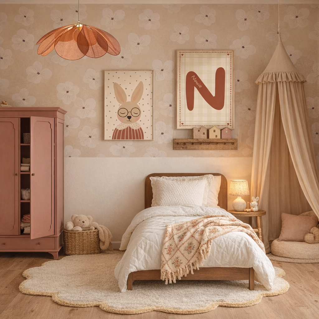 Kinderkamer met Soft Bloom behang in butter gecombineerd met konijnenposter en Cozy Letter naamposter in warme aardetinten