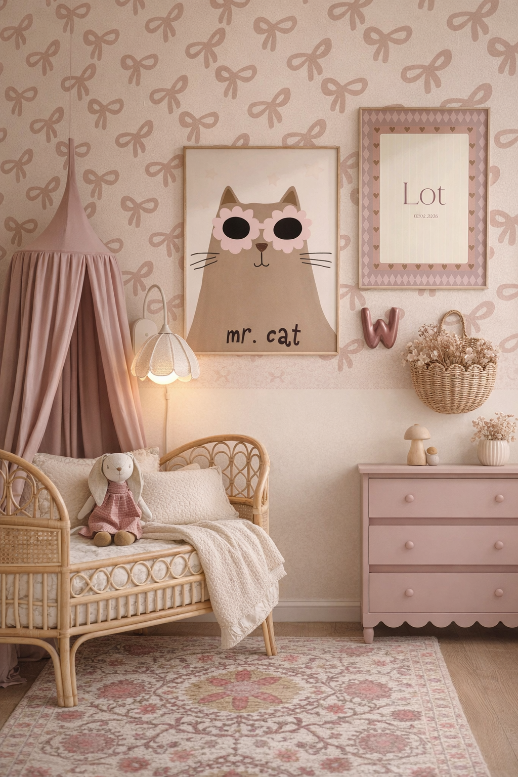 Kinderkamerinspiratie: Strikjesbehang met beige kattenposter en naamposter