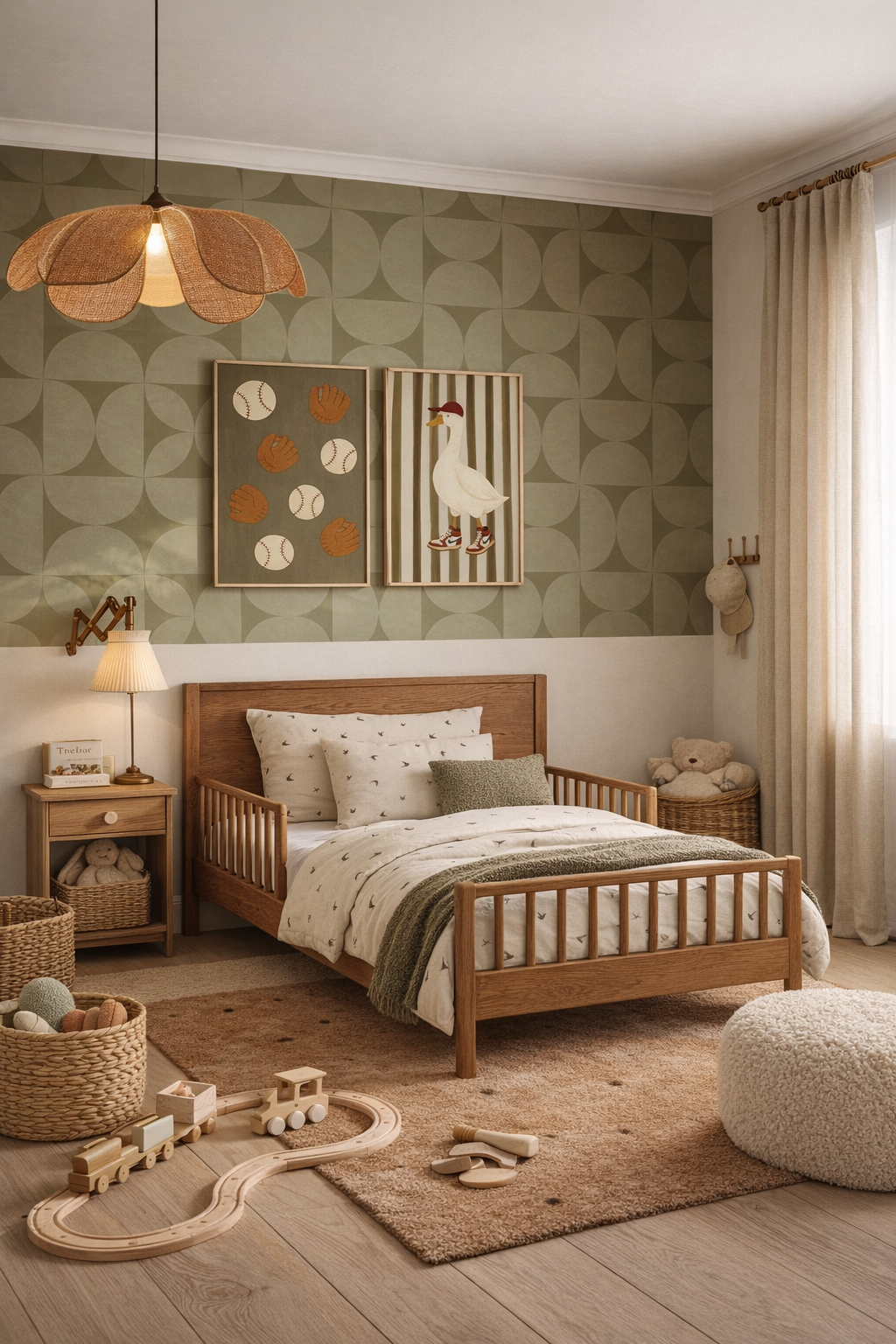 Jongenskamer inspiratie met groen behang, speelse posters en warme natuurlijke materialen