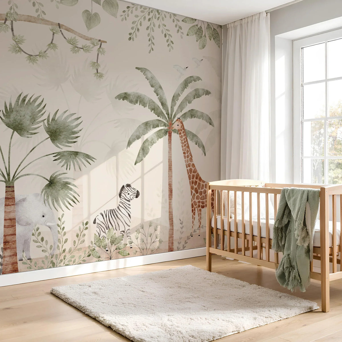 Houten ledikant voor Safari Dreams collagebehang met giraffe en tropische bladeren