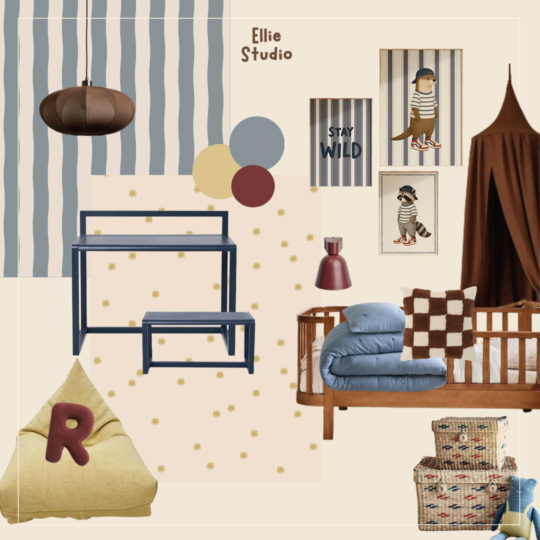 Moodboard voor een stoere jongenskamer met blauw strepenbehang, beige sterrenbehang en dierenposters