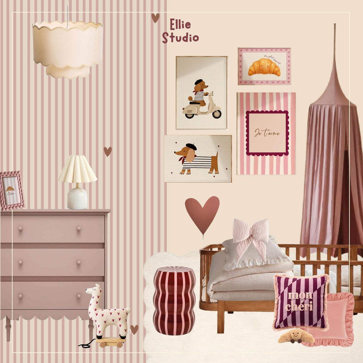 Moodboard voor een Franse meisjeskamer met Striped Hearts powder blush behang en speelse posters