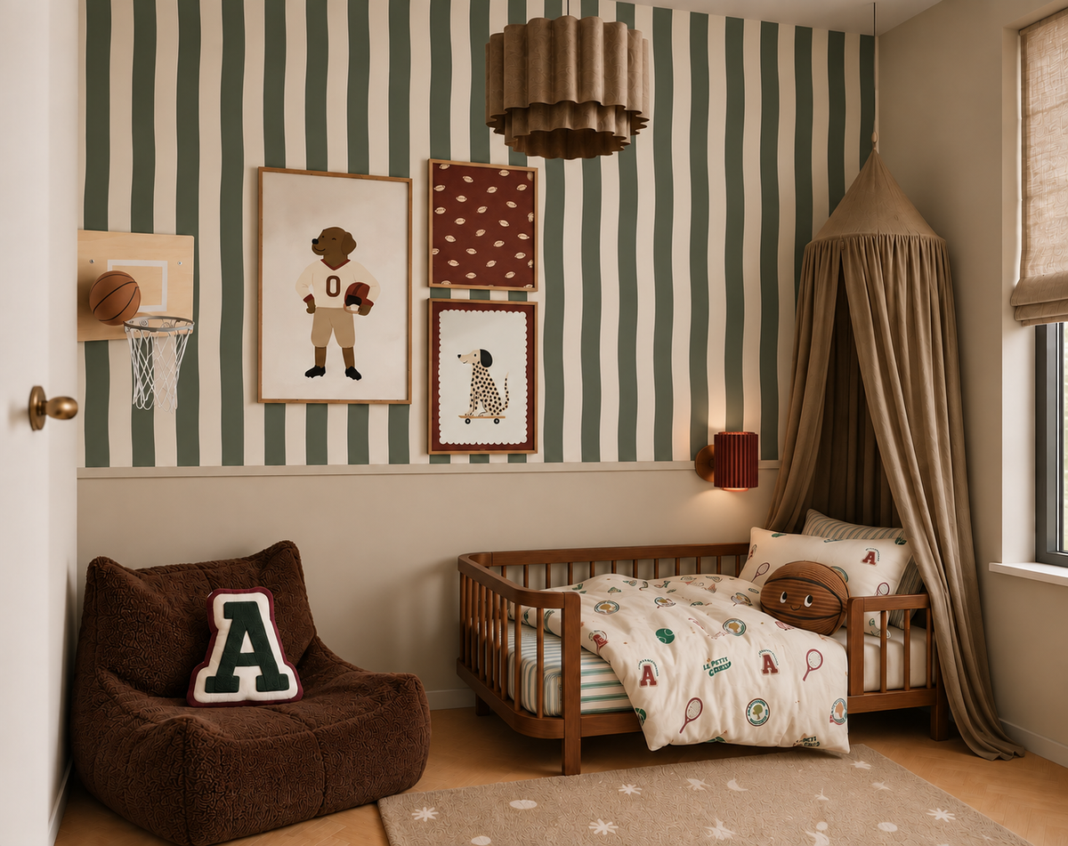 Jongenskamer met groen golvend strepenbehang, houten bed en sportieve dierenposters