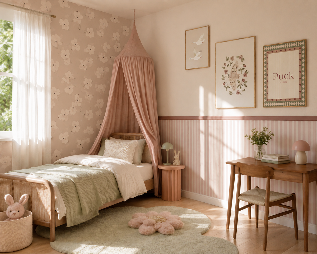 Meisjeskamer inspiratie: Soft Bloom behang met oudroze strepen en saliegroene details