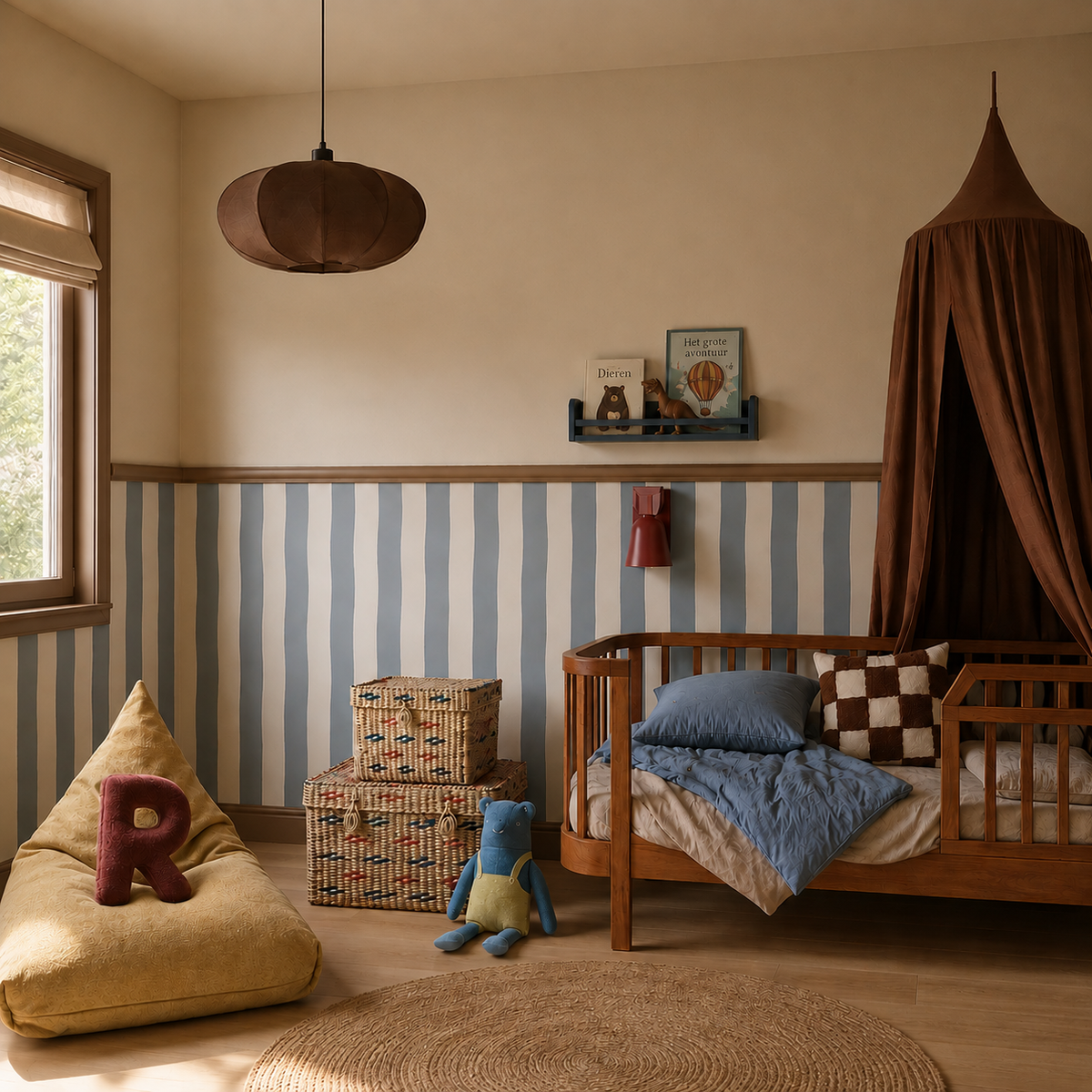 Wavy Stripes - royal blue behang van ELLIE Studio in een sfeervolle kinderkamer