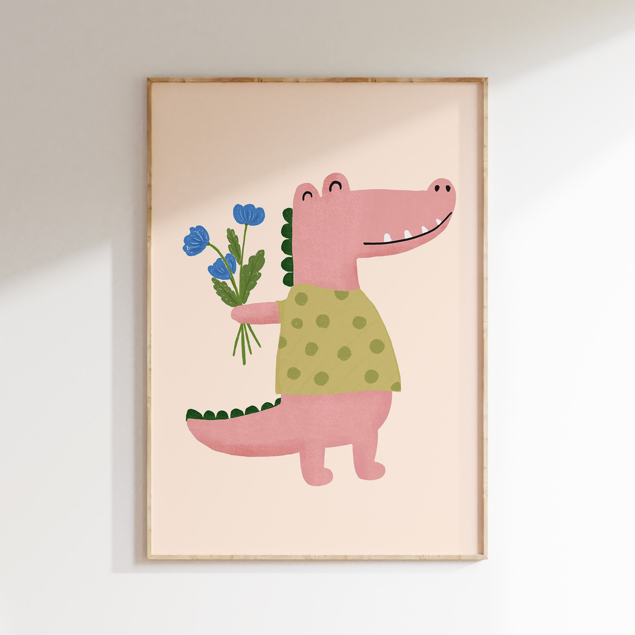 Kinderkamer print - Roze krokodil met bloemen