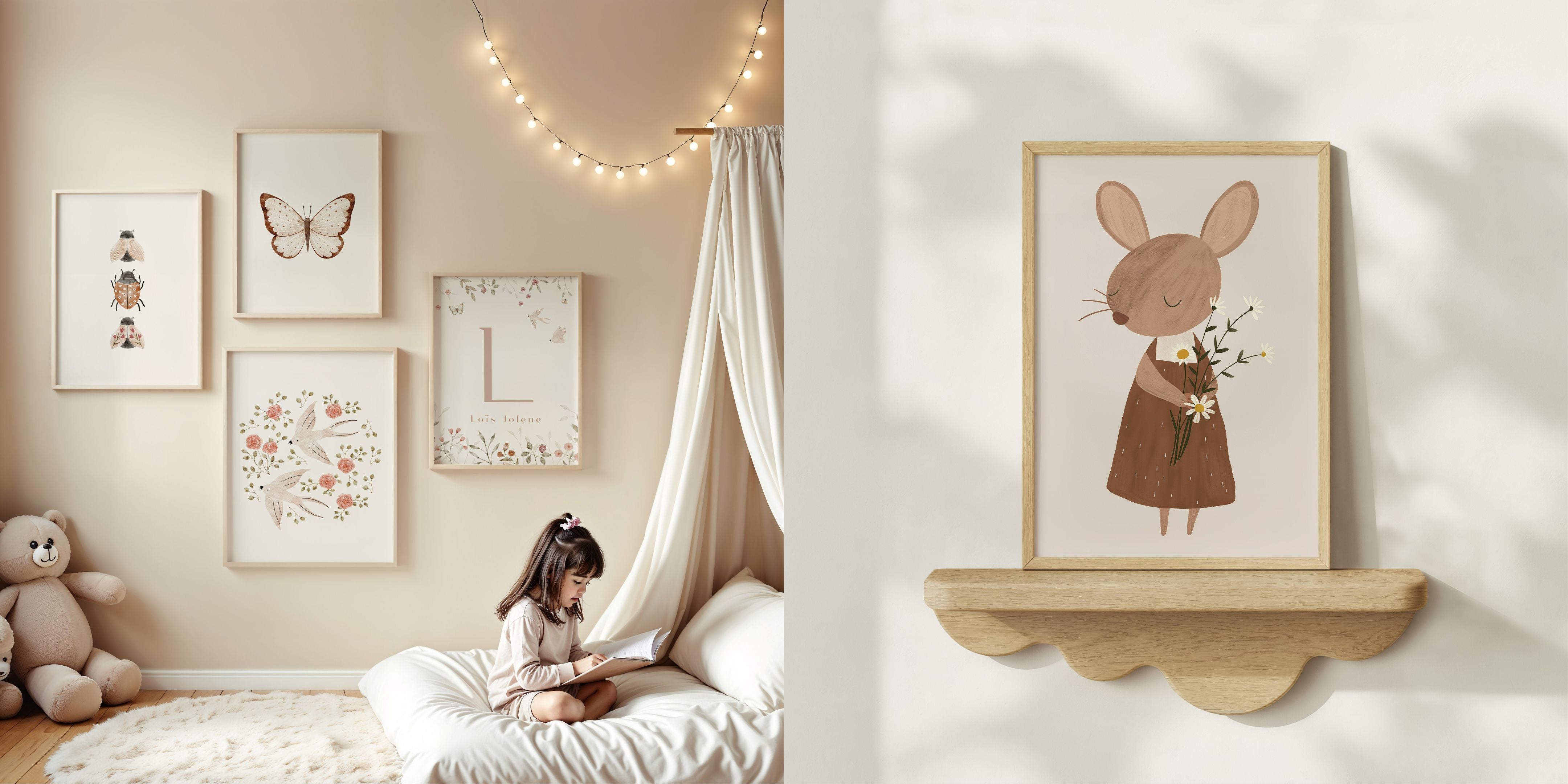 Kinderkamer posters met bloemen en dieren zoals konijntjes, vlinders en vogels, ontworpen in zachte kleuren voor een lieve en serene sfeer.