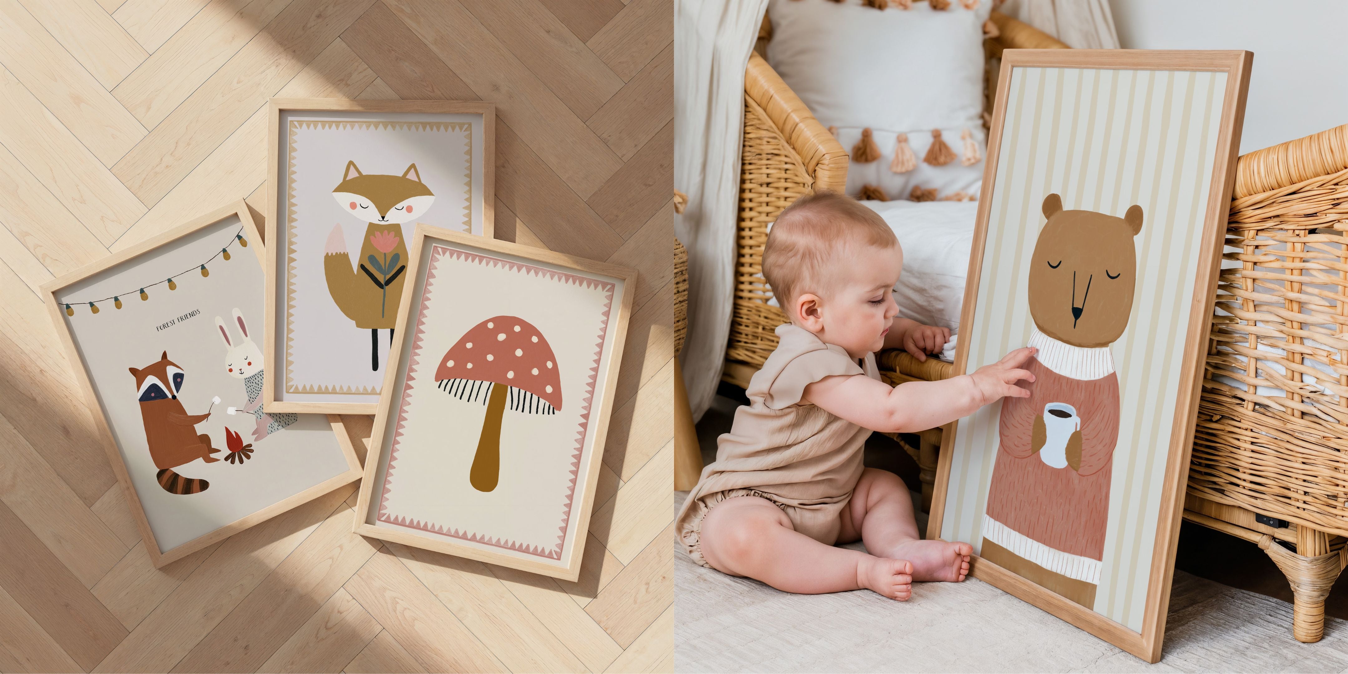 Bosdieren posters met vos, paddenstoel en beer in een rustige babykamer.
