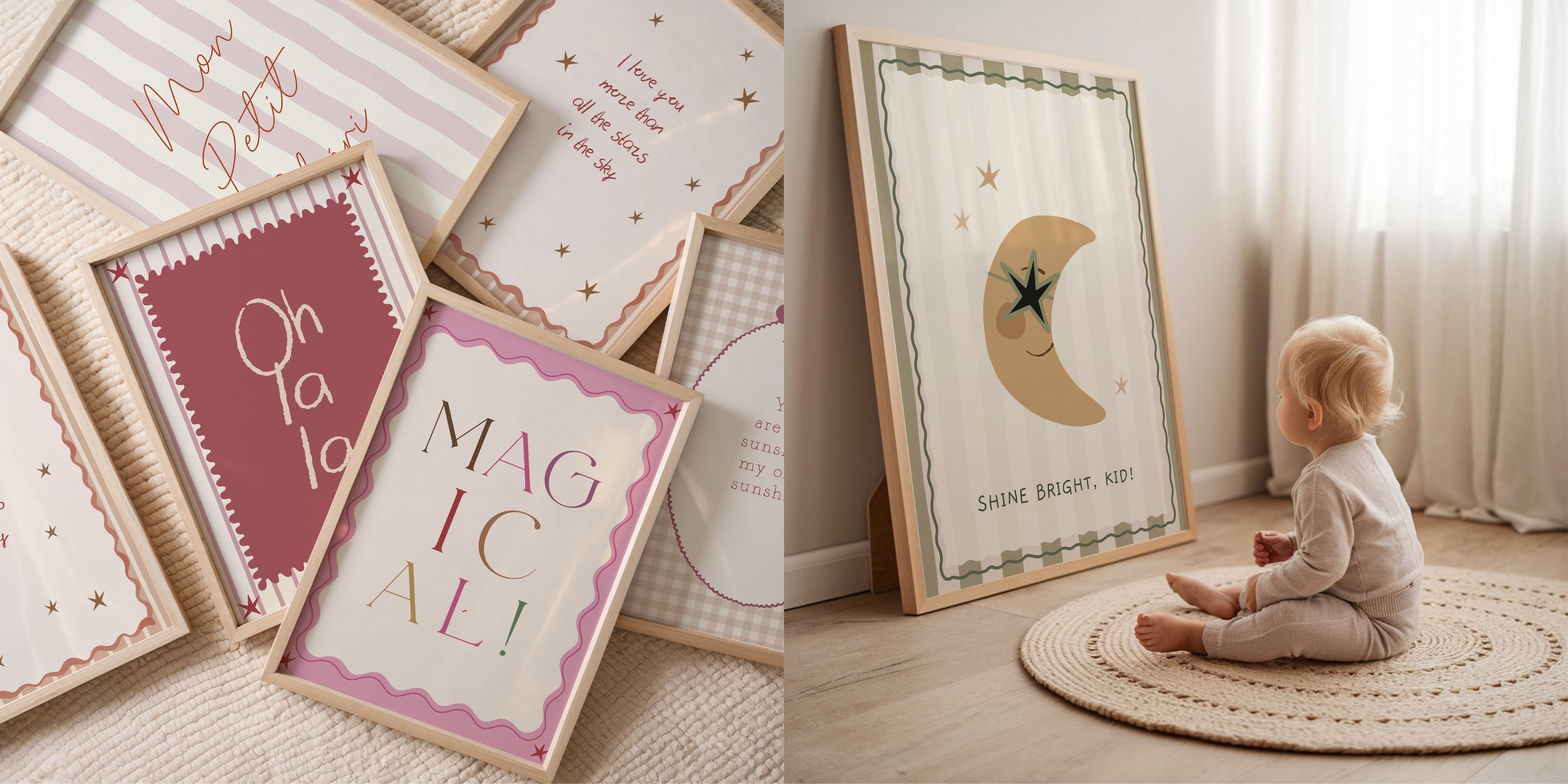 Retro tekstposters met speelse typografie en zachte kleuren, ingelijst en perfect voor een stijlvolle kinderkamer.