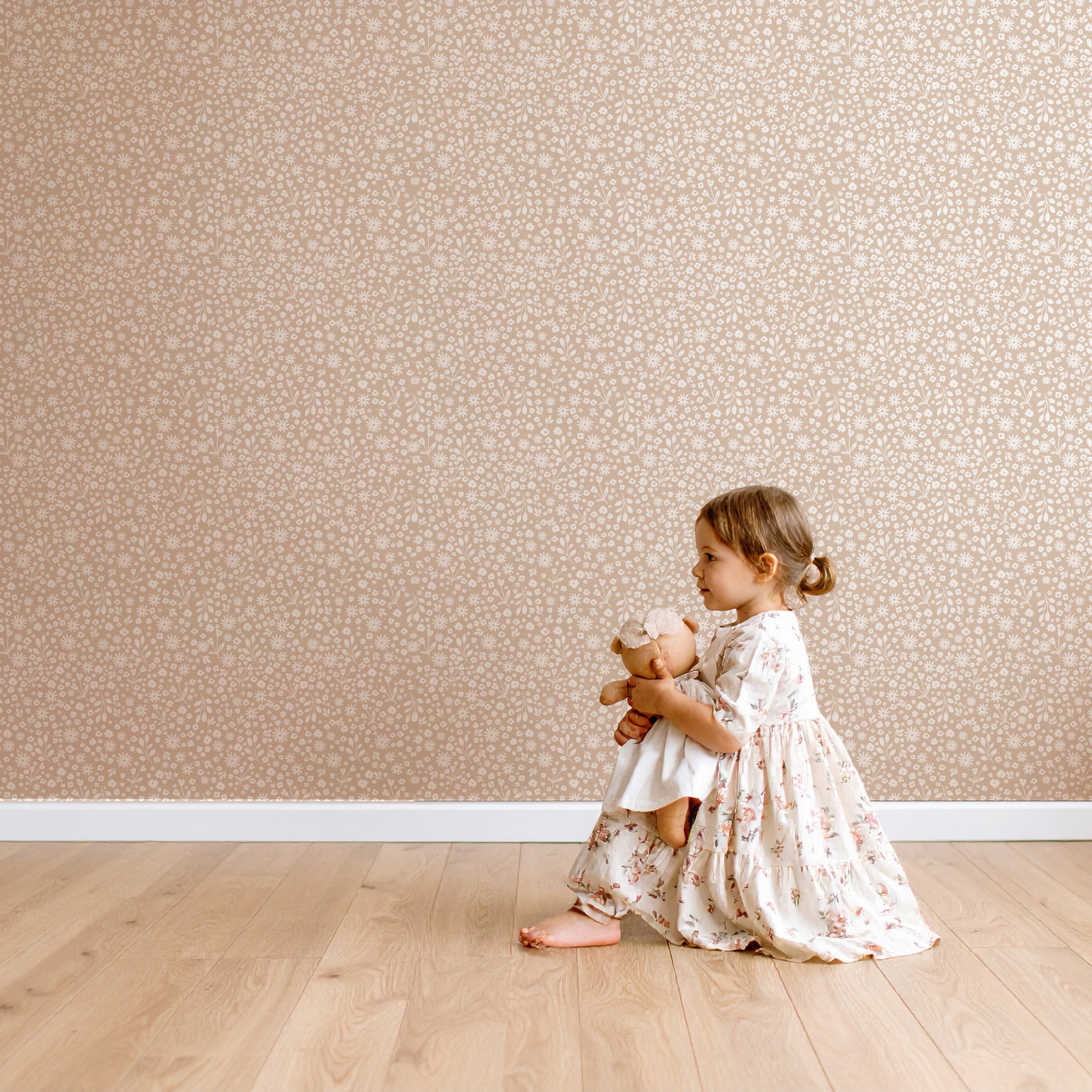 Behang Bloemenveld - beige