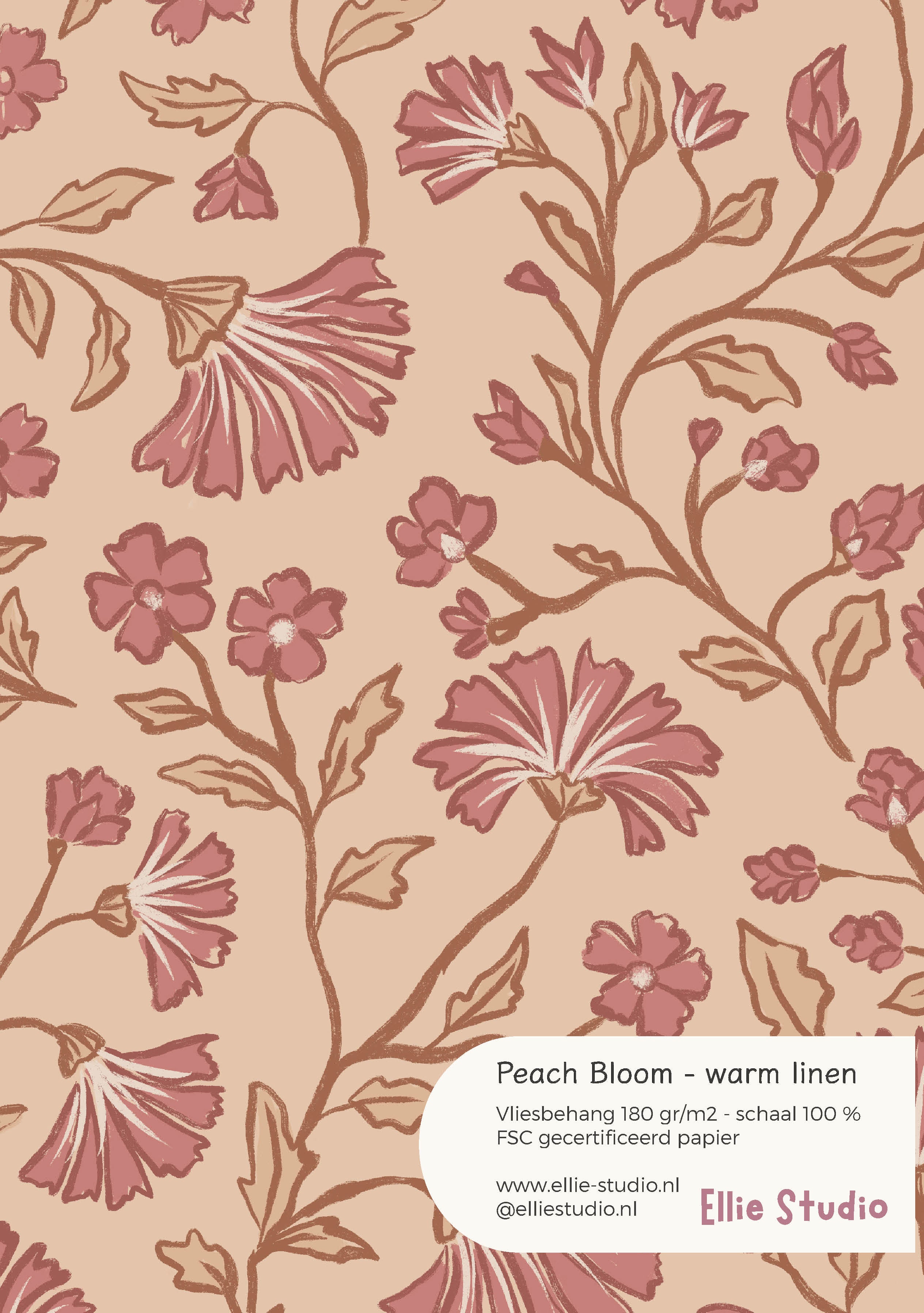 Behangstaal Peach Bloom warm linen met oudroze bloemen en zandbruine bladeren