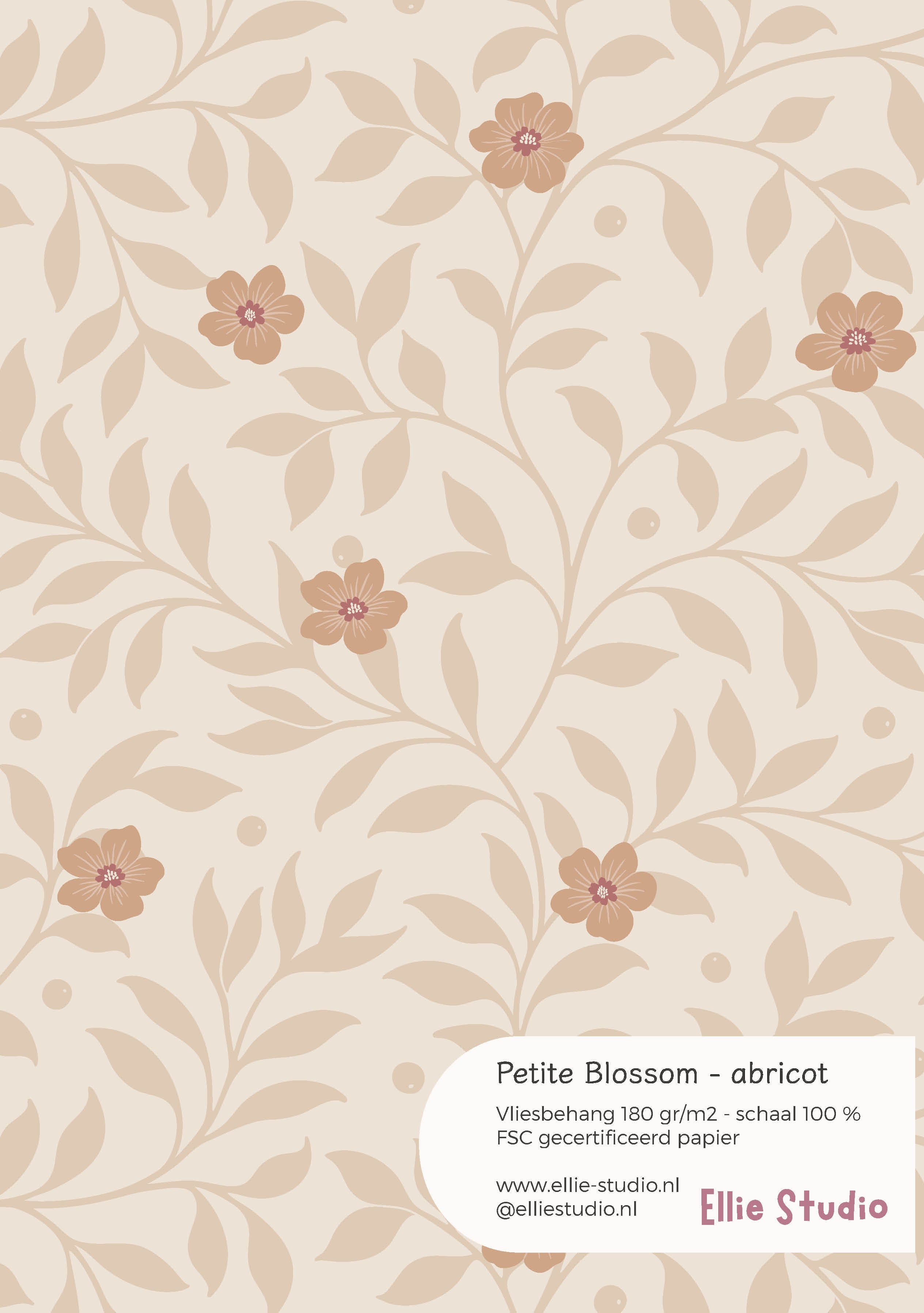 Behangstaal Petite Blossom abricot met beige bladeren en abrikooskleurige bloemen