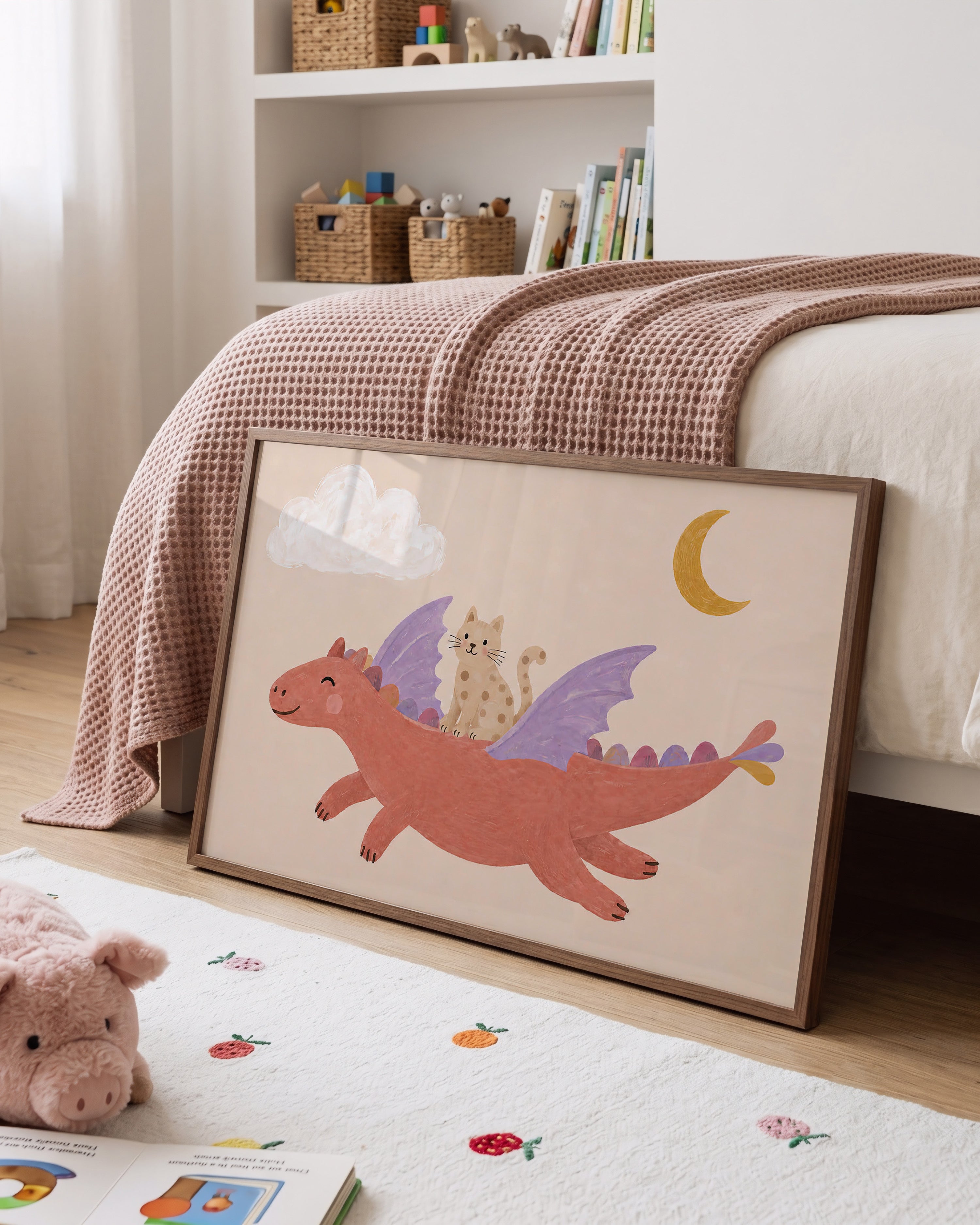 Kinderkamer print - Vliegende draak met poes