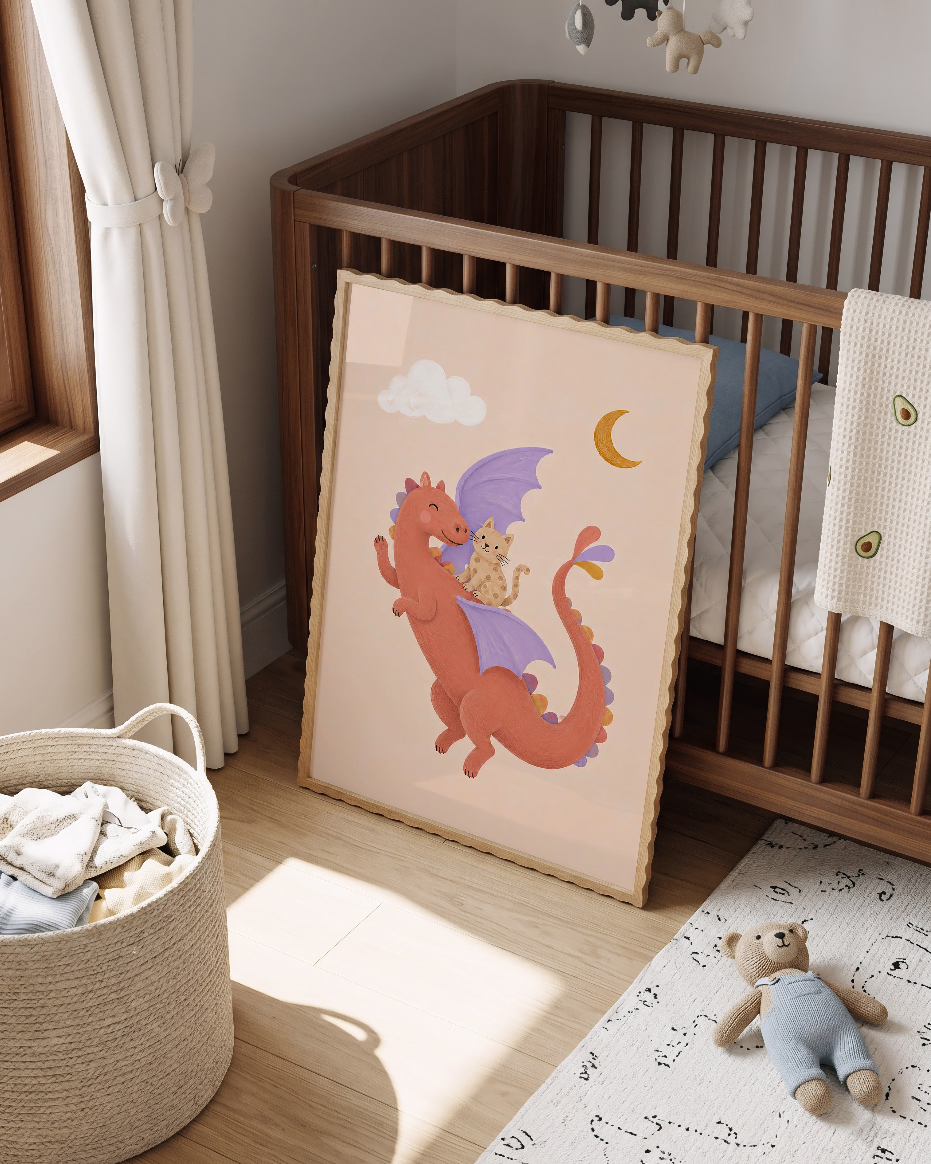 Kinderkamer print - Draak en poes in de wolken