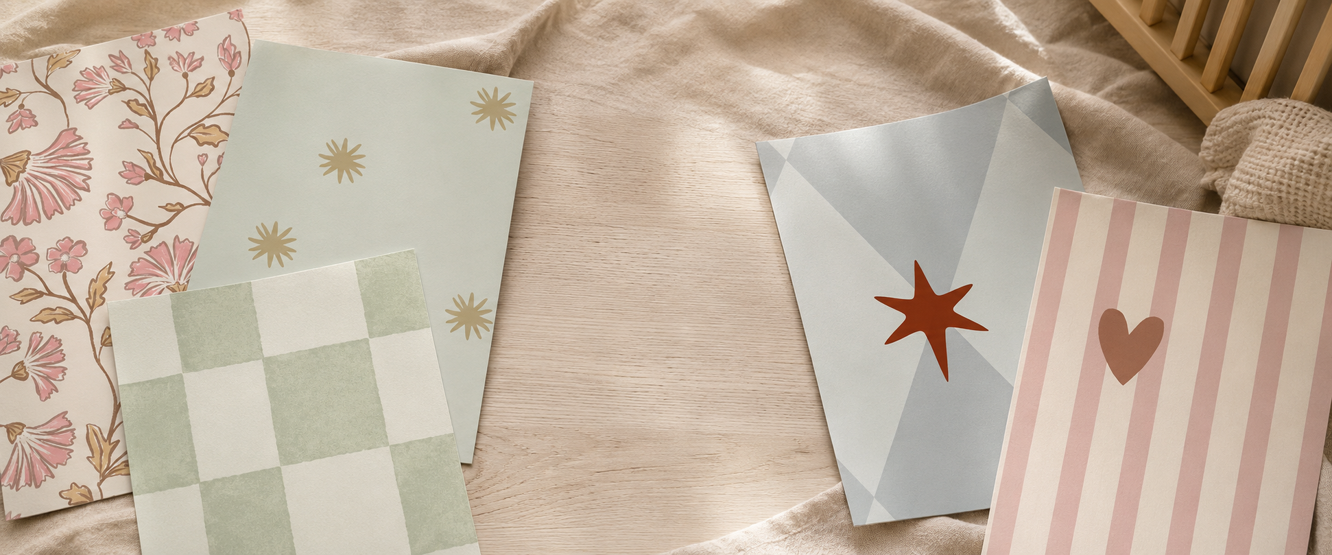 5 behangatalen van ELLIE Studio op een linnen vloerkleed naast een babykamer ledikant
