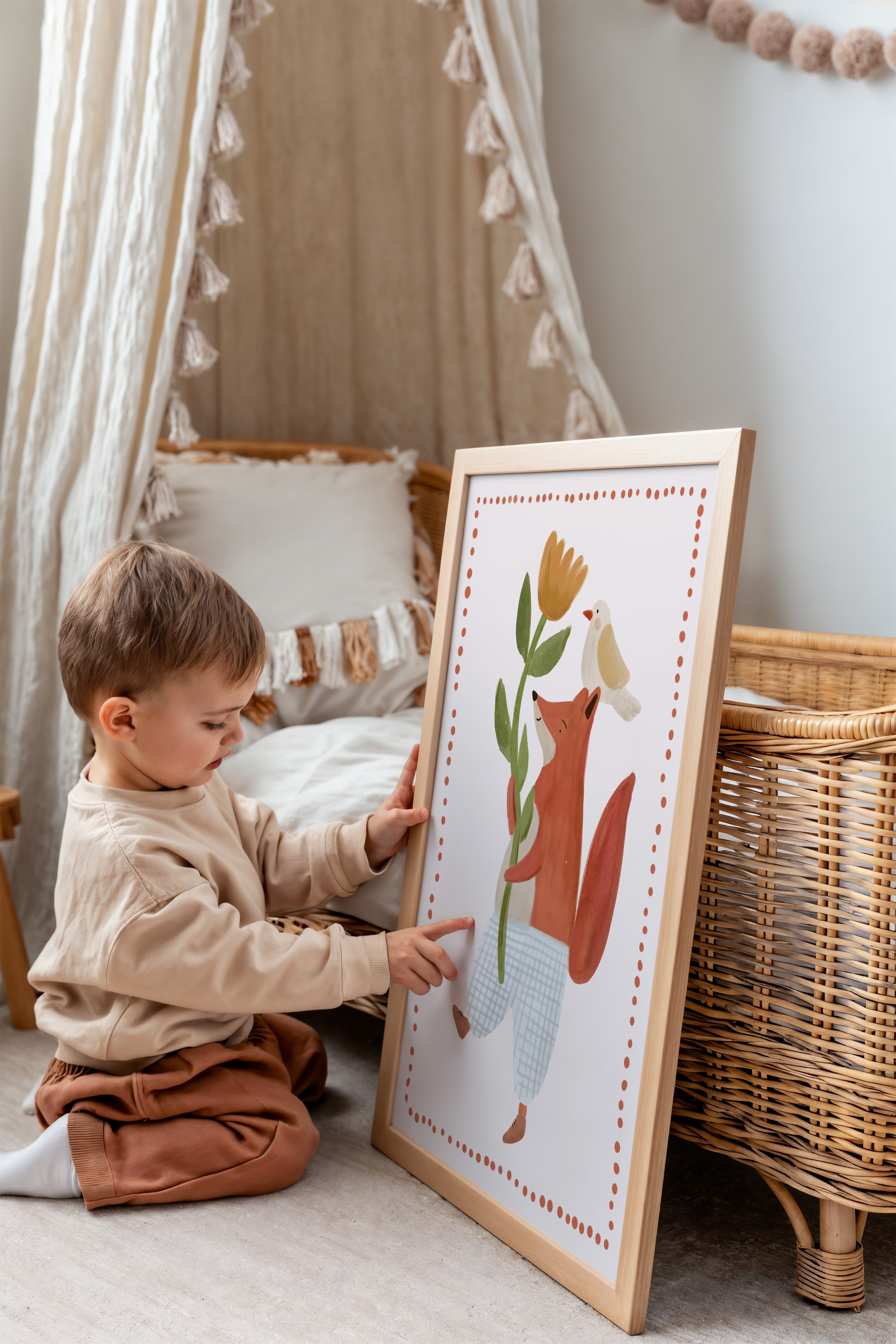Kinderkamer print - Vrolijke Vos met Bloem en Vogel