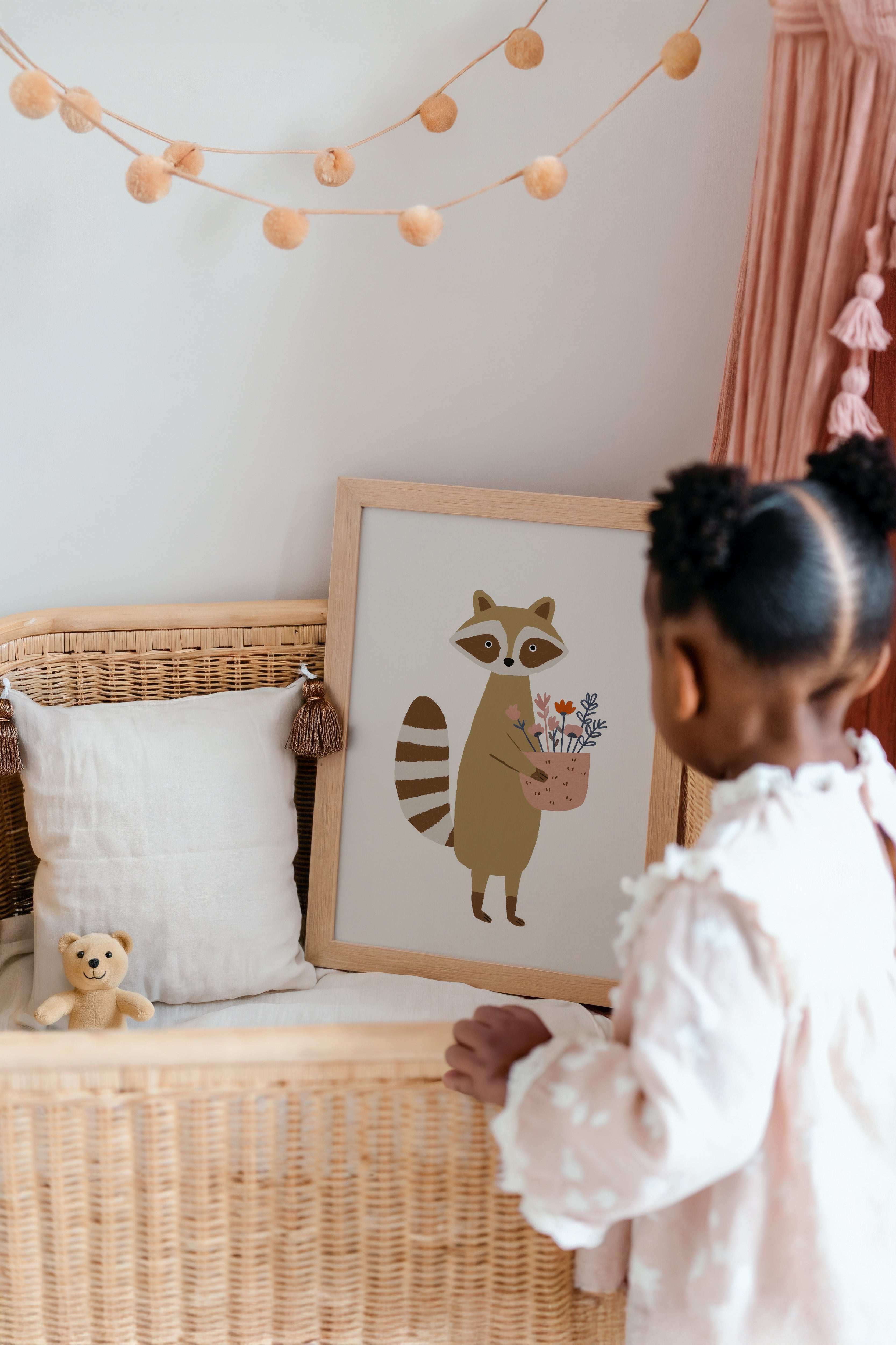 Kinderkamer print - Wasbeer met bloemen
