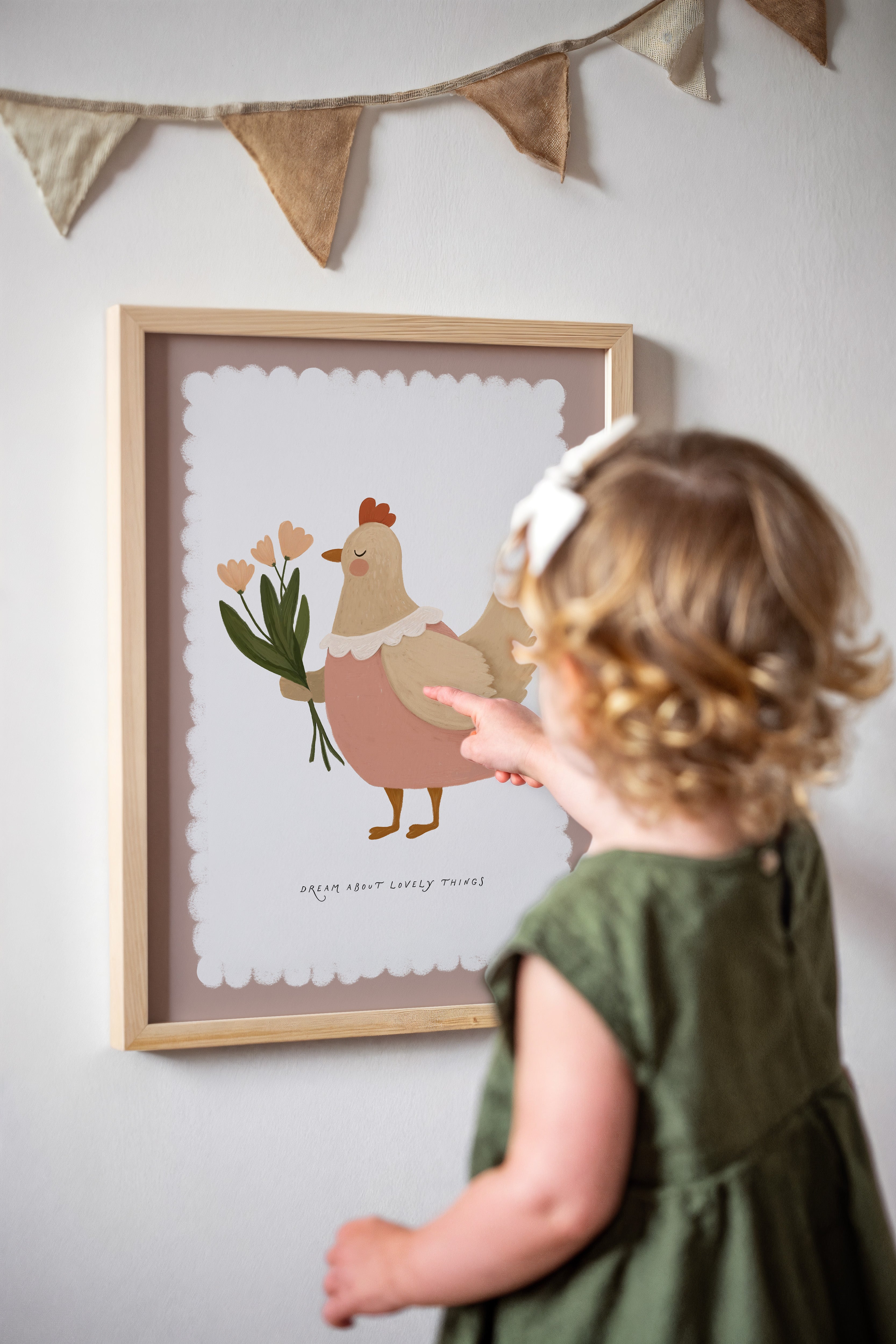 Kinderkamer print - Retro kip met bloemen