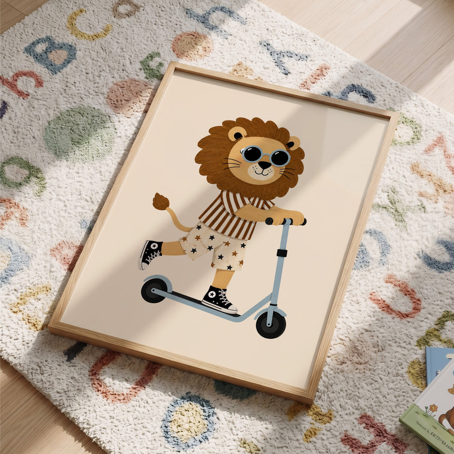 Kinderkamer met poster Leeuw op step op een vloerkleed
