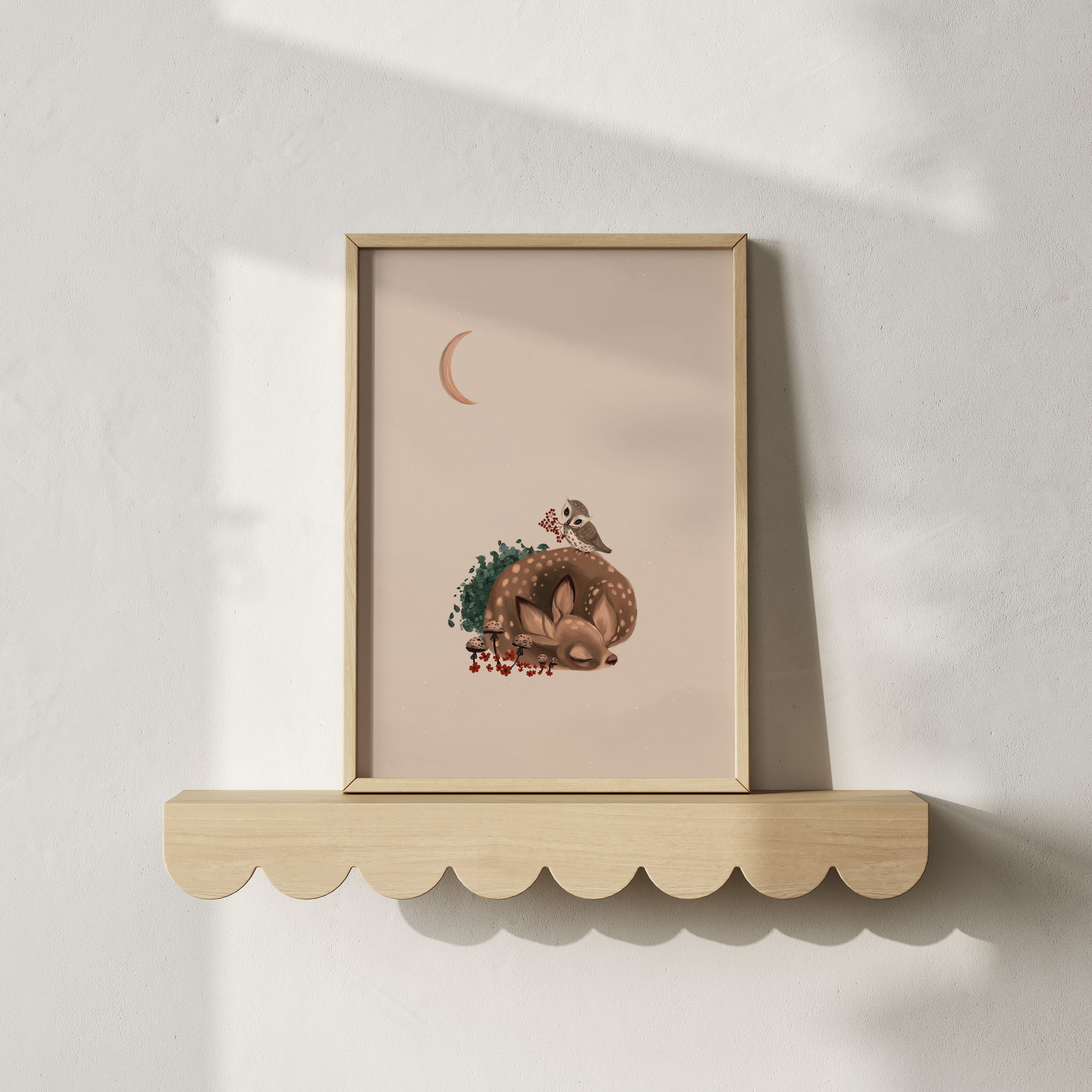 Kinderkamer poster - Slapend hertje met uiltje | Enchanted Forest