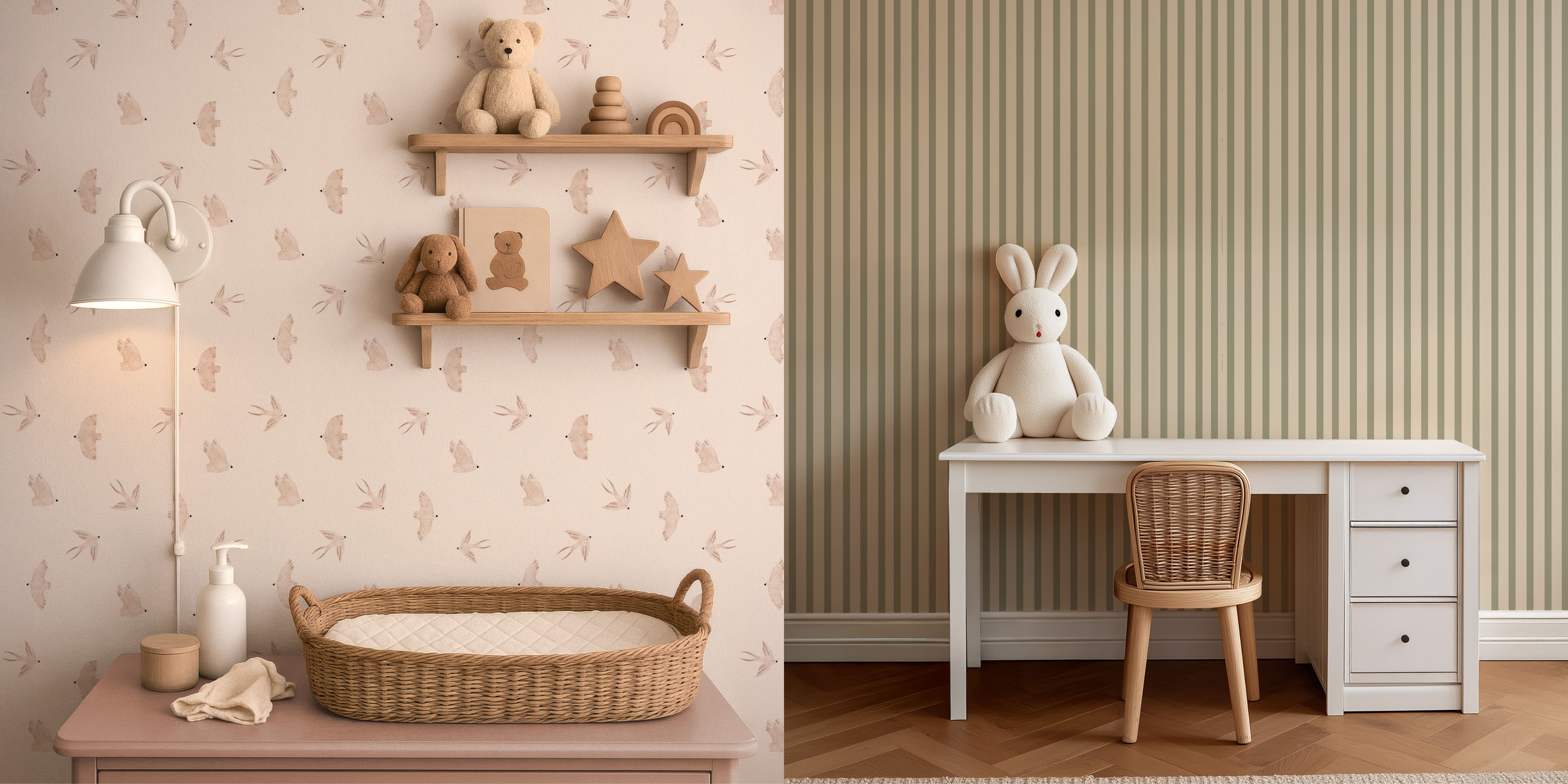 Rustige kinderkamer met zacht behang in neutrale tinten, een verschoonplek met rieten mand en een bureau met knuffel op de achtergrond.