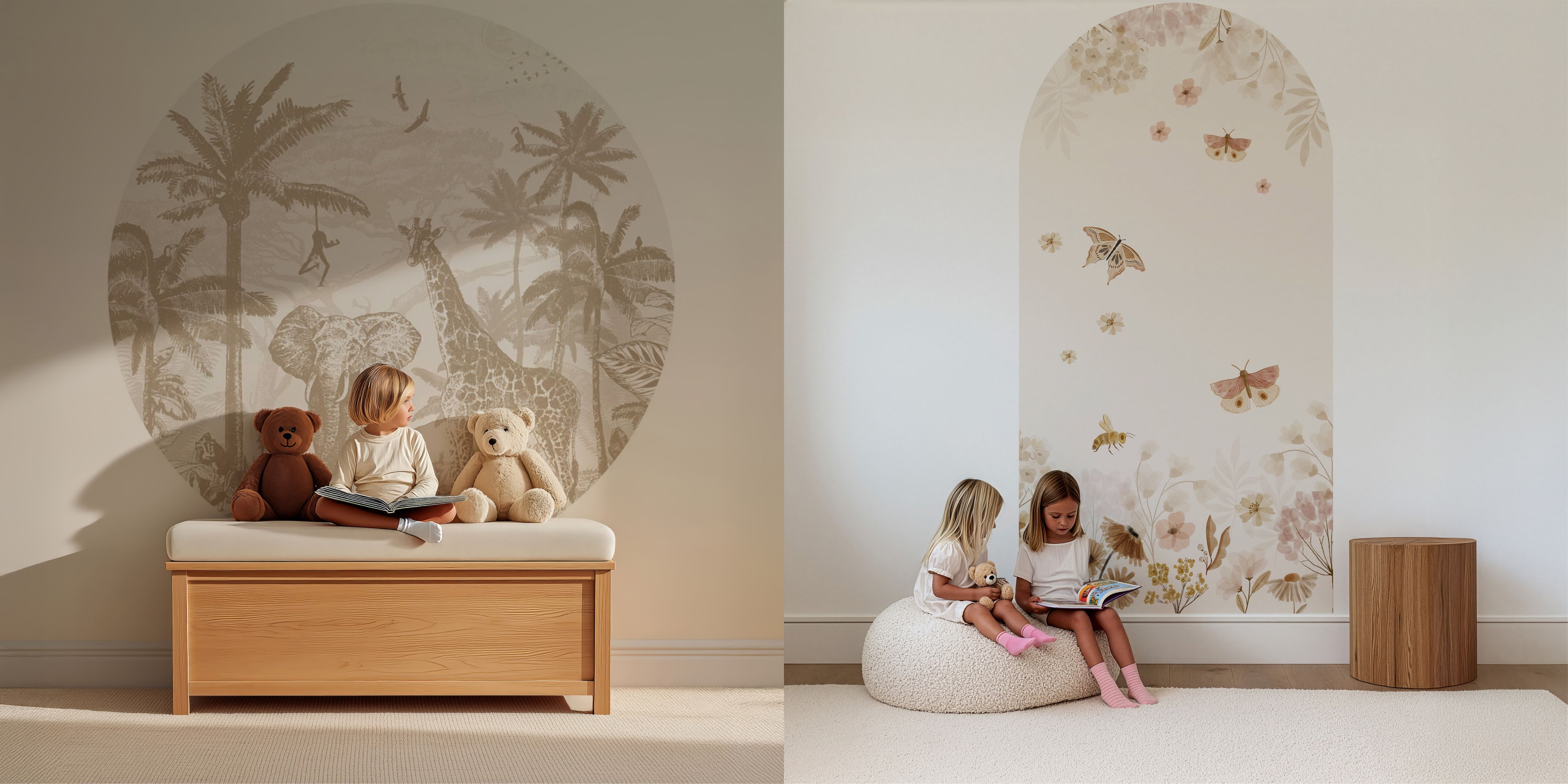 Zachte muursticker in boogvorm met savannedieren en bloemen in natuurlijke tinten, ideaal voor een rustige en speelse kinderkamer.