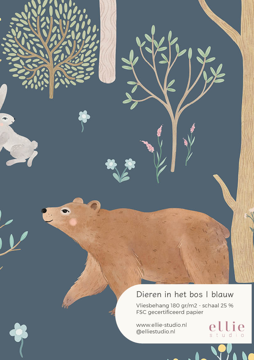 Behangstaal Dieren in het bos - blauw