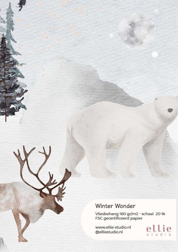 A4 behangstaal Winter Wonder – voorbeeld van het vliesbehang van Ellie Studio met ijsbeer en walvis illustraties.