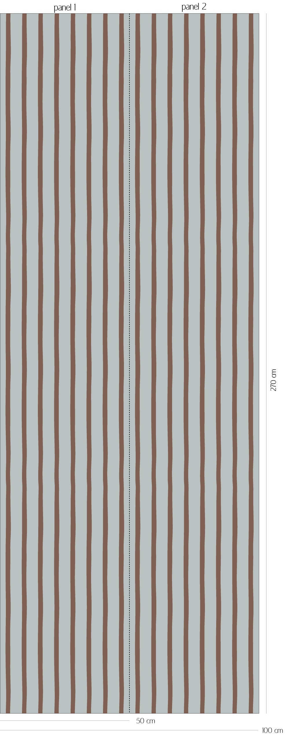 Patroonoverzicht van Flow Stripes - blue cacao behang met fijne, licht golvende verticale strepen in zacht blauwgrijs en warm cacaobruin