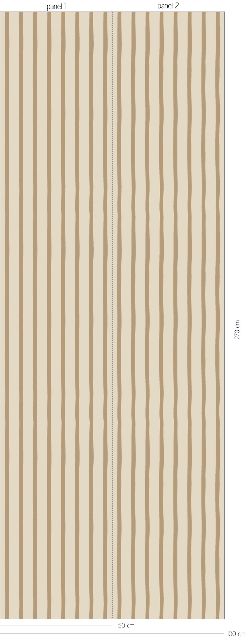 Patroonoverzicht van Flow Stripes - dusty khaki behang met fijne, licht golvende verticale strepen in licht crème en warm khaki