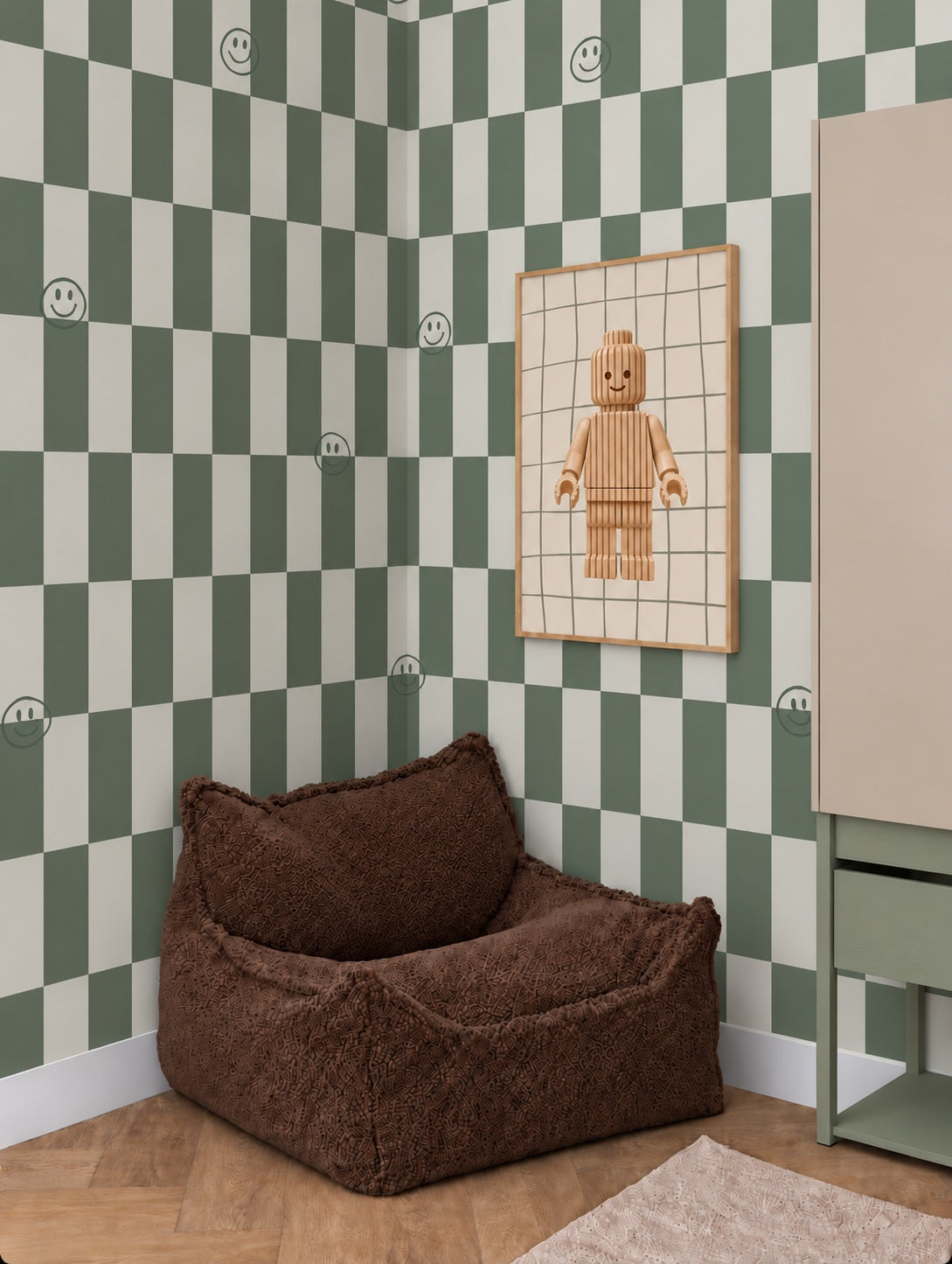 Lumi Smiles - cloudy sage behang als achtergrond bij een sagekleurige kast en een ingelijste poster