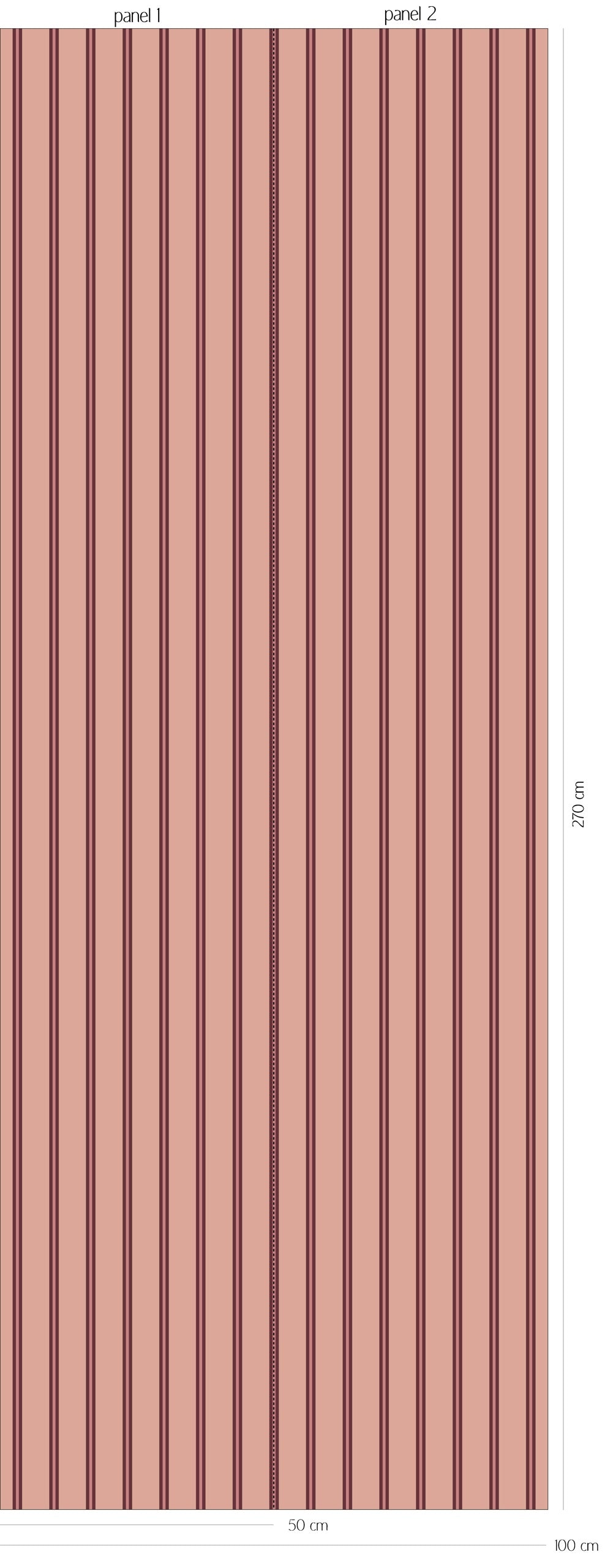 Patroonoverzicht van Twin Stripes - blush rouge behang met fijne dubbele verticale strepen in blushroze en diepe roodtinten
