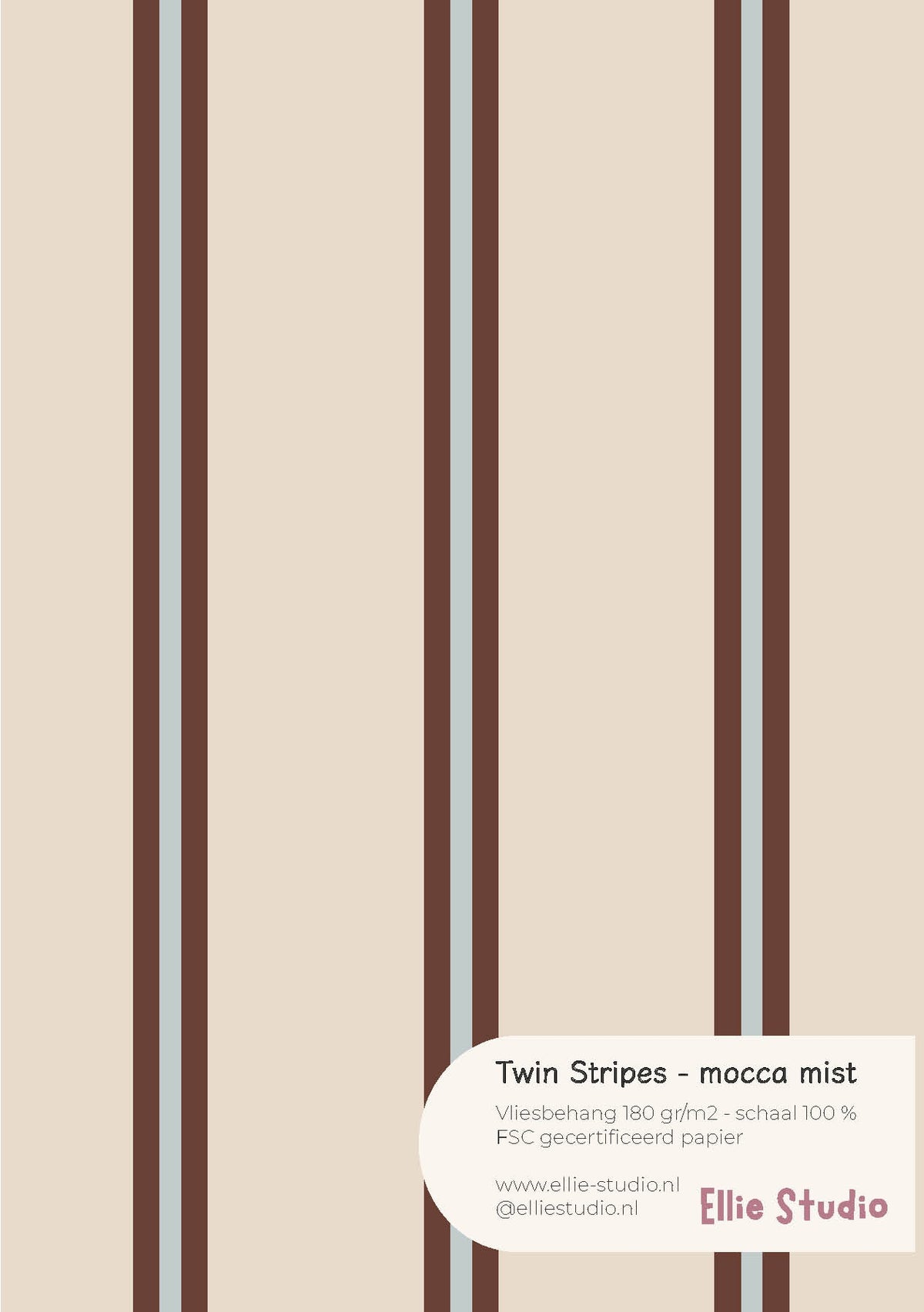 A4 behangstaal van Twin Stripes - mocca mist met licht beige, moccabruin en gedempt grijsgroen