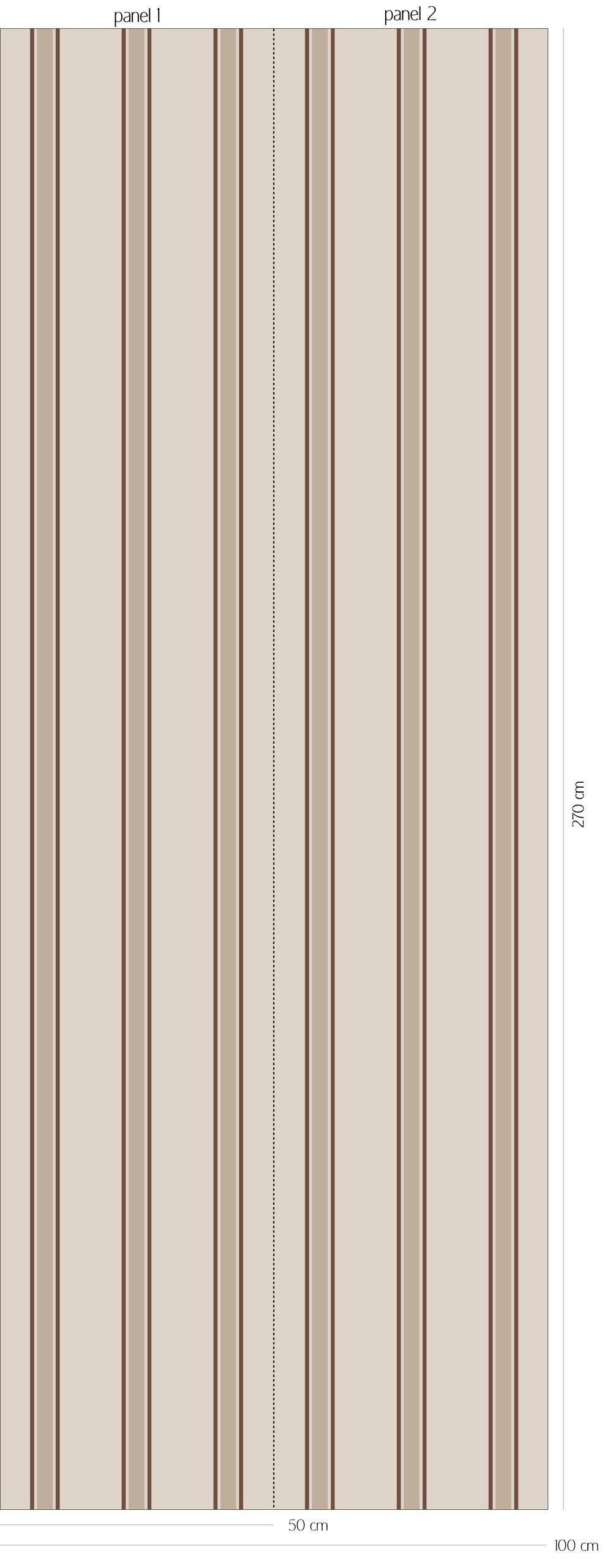 Patroonoverzicht van Vintage Stripes - cacao sand behang met verticale strepen in verschillende breedtes in zacht zandbeige en warm cacaobruin